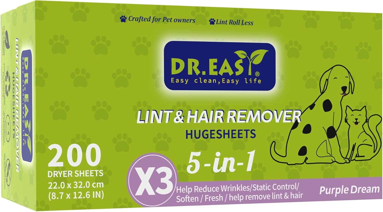 Dr.Easy LINT & HAIR REMOVER Pet HUGESHEETS with 3X Dryer Sheets, Lavender Fresh, 200 Count,PLANT&MINERAL-BASED FORMULA