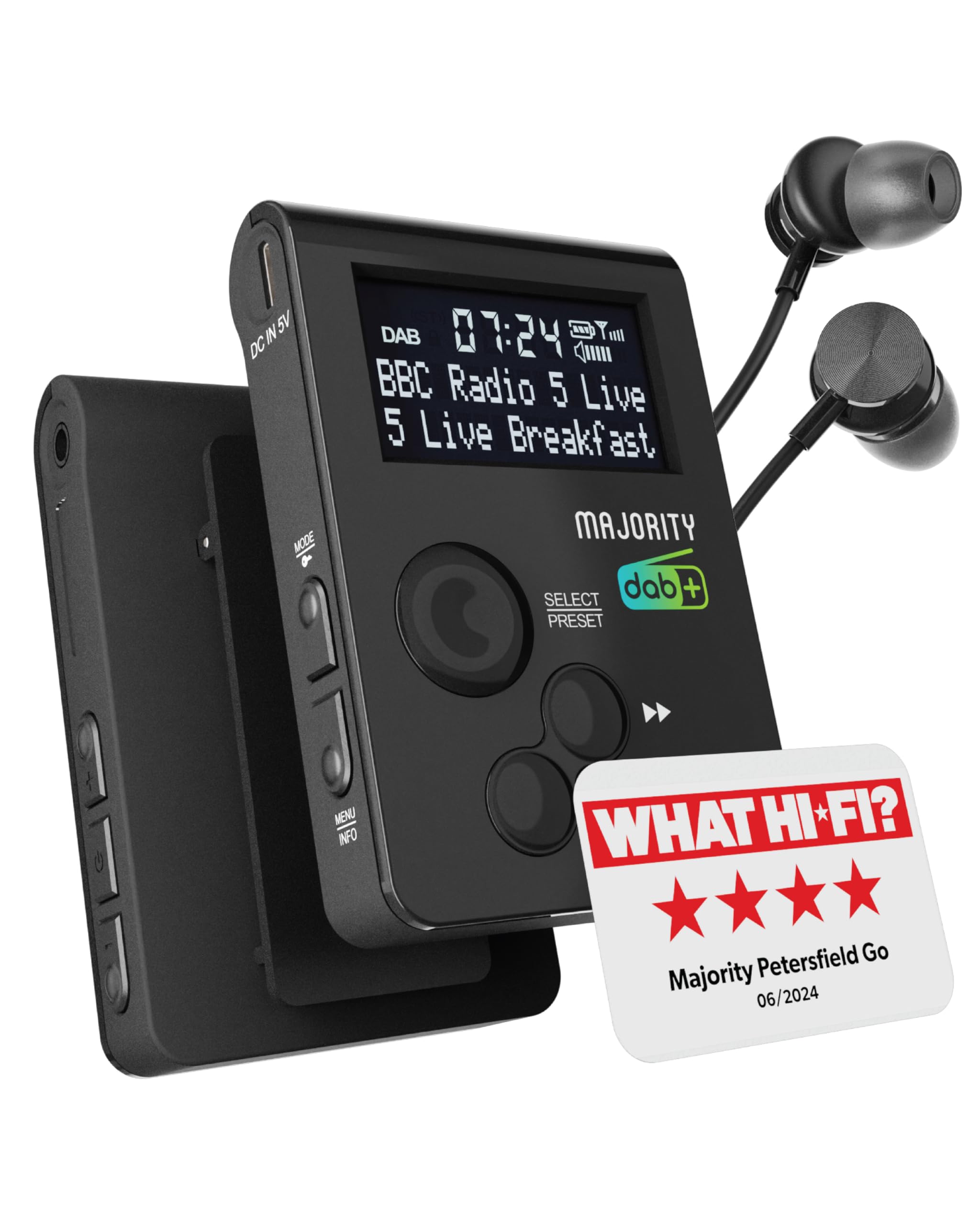 Mini Radio FM avec Clip Sport et Boutons Verrouillables | Radio Portable De Poche Dab/Dab+ Digitale | Chargement USB et Écouteurs Inclus | MAJORITY Petersfield Go