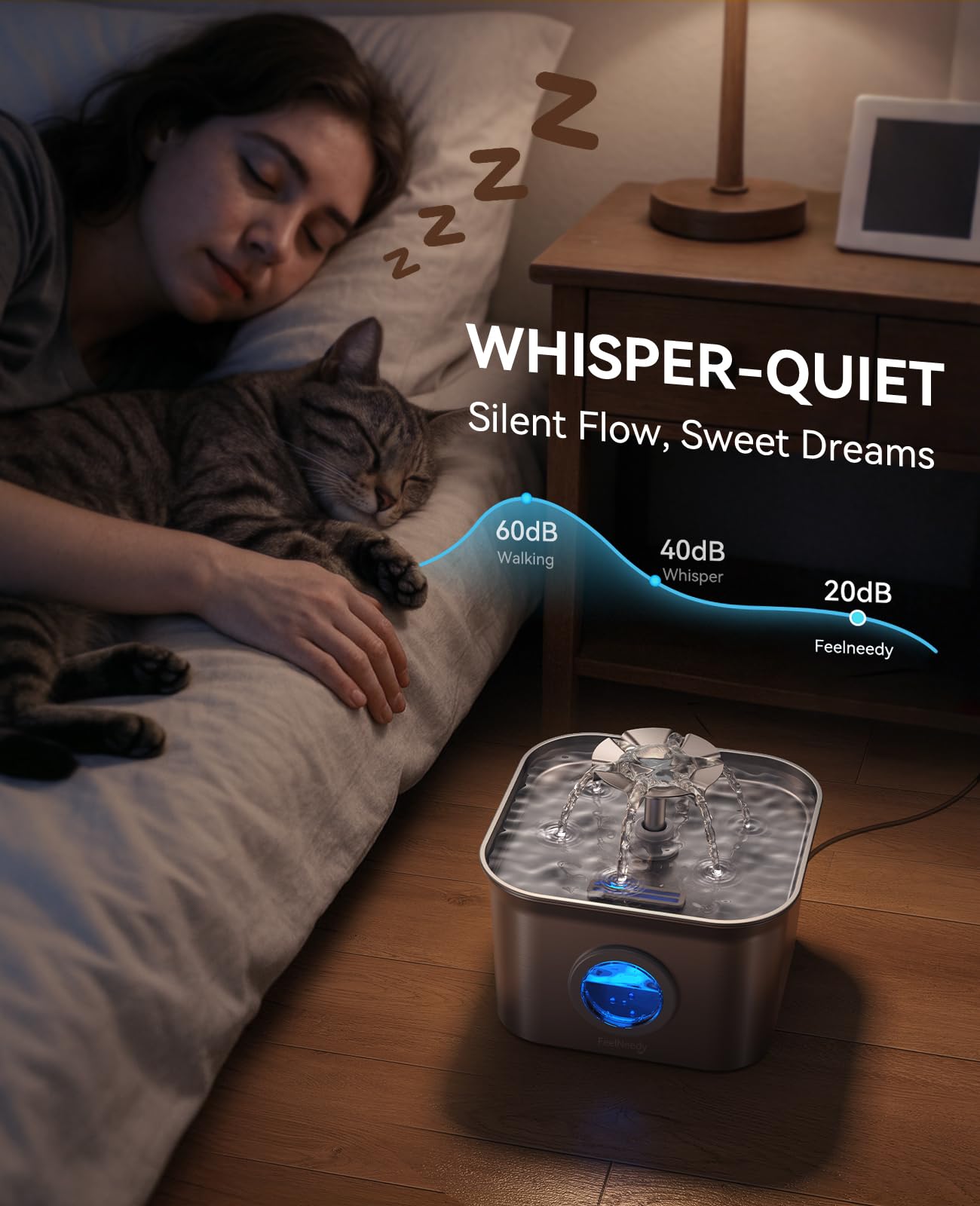 Stainless Steel Cat Water Fountain, 99oz/2.8L Auto Pet Drinking Fountain with 20dB Ultra-Quiet Pump- Ideal for Timid Pets, LED Water Level Window, Dishwasher Safe, 24/7 Circulating Flow - FEELNEEDY - image 4