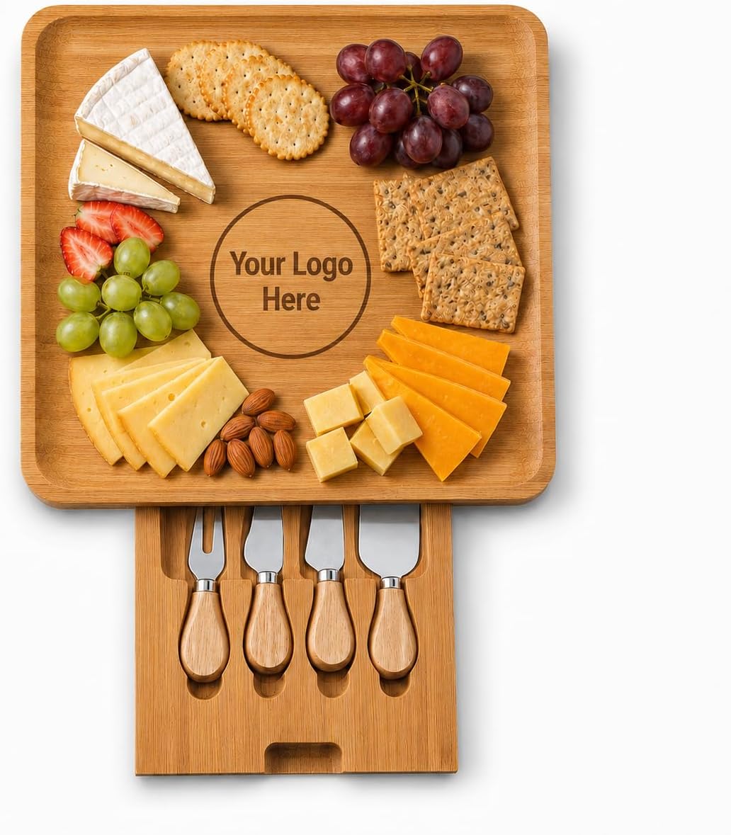 Custom Logo Charcuterie Board with Cheese Knife Set, Personalized Engraved Bamboo Cheese Board, Corporate Gift for Clients and Employees