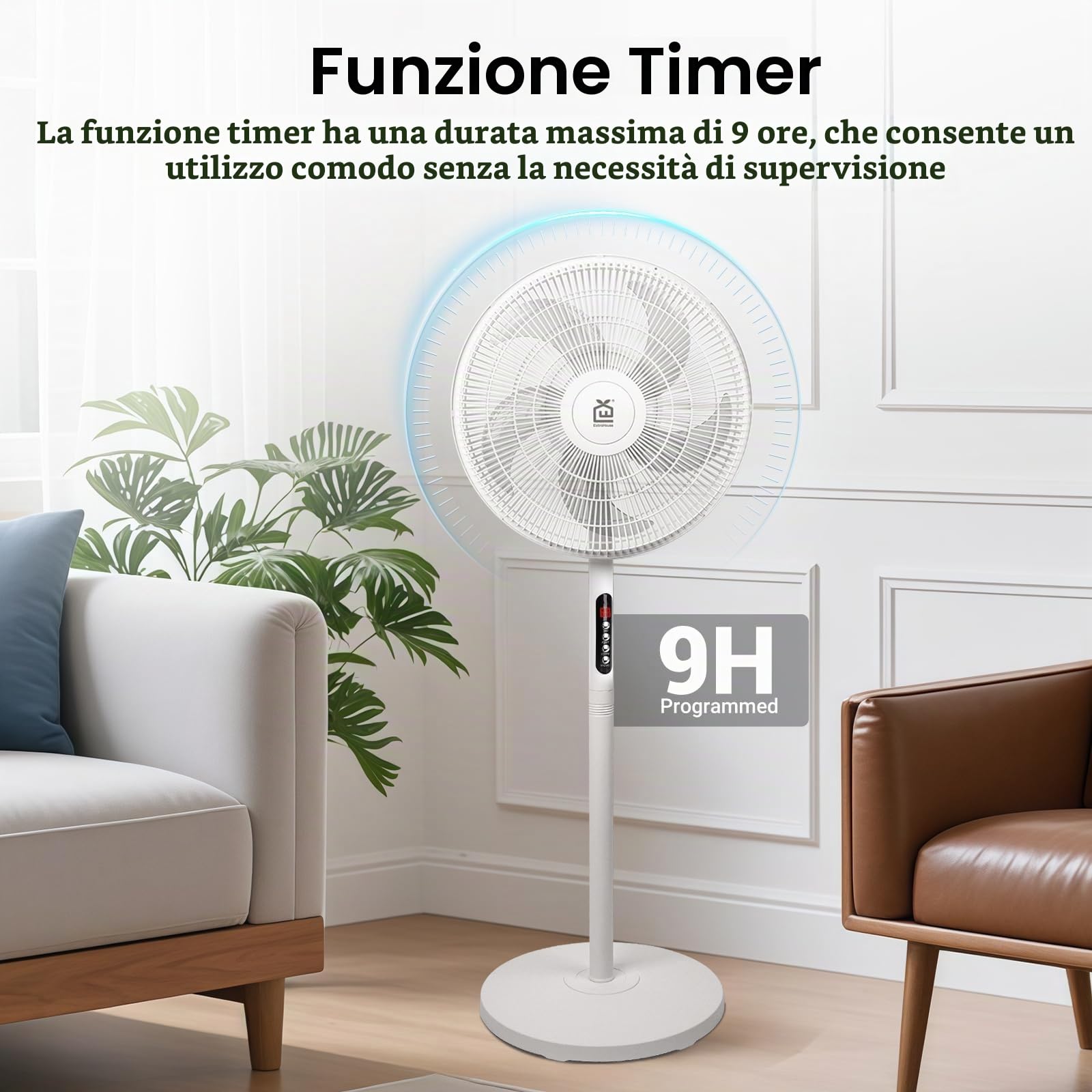 EXTRASTAR Ventilatore a piedi Altezza regolabile 116cm, 6 velocità, Oscillazione 70°, Telecomando, Minutario 9h, Flusso d'aria Grande angolo, Silenzioso, Uso Domicile Ufficio Camera