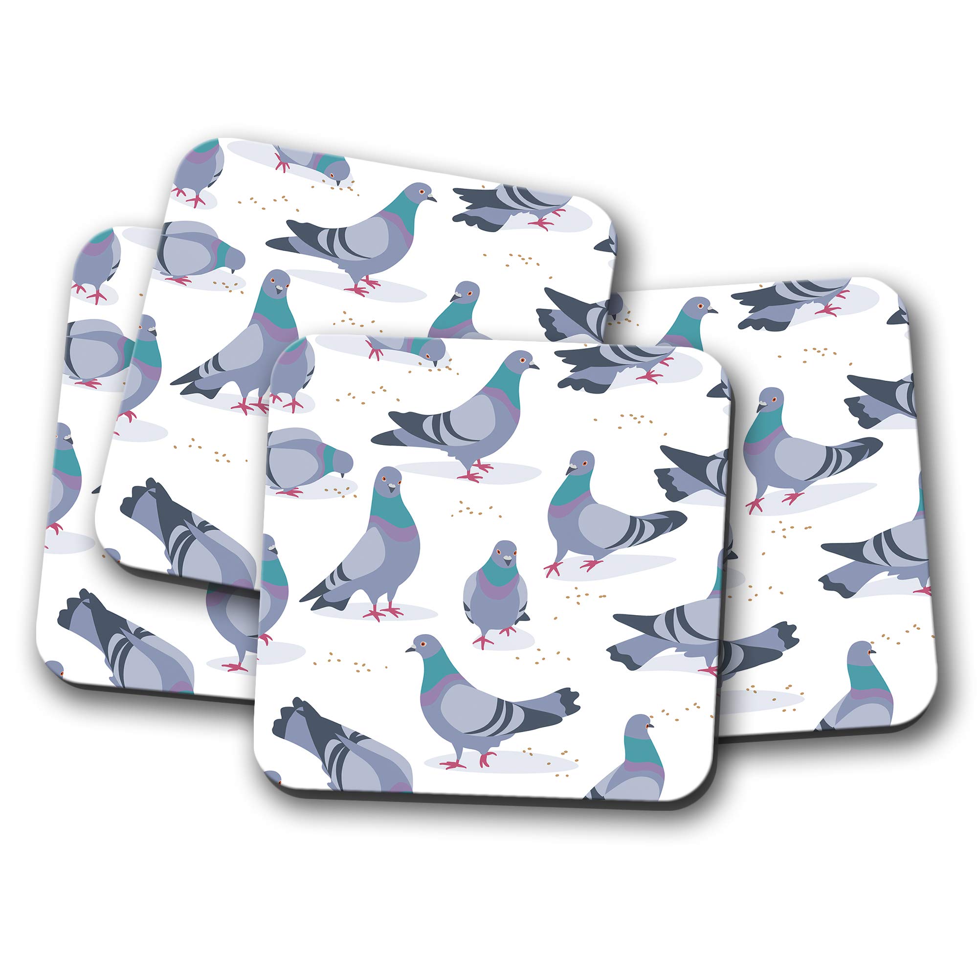 Destination Vinyl Ltd Multicolor 4 Set - Pigeon Print Coaster - Pigeons Birds Cute Cartoon Fun #15995