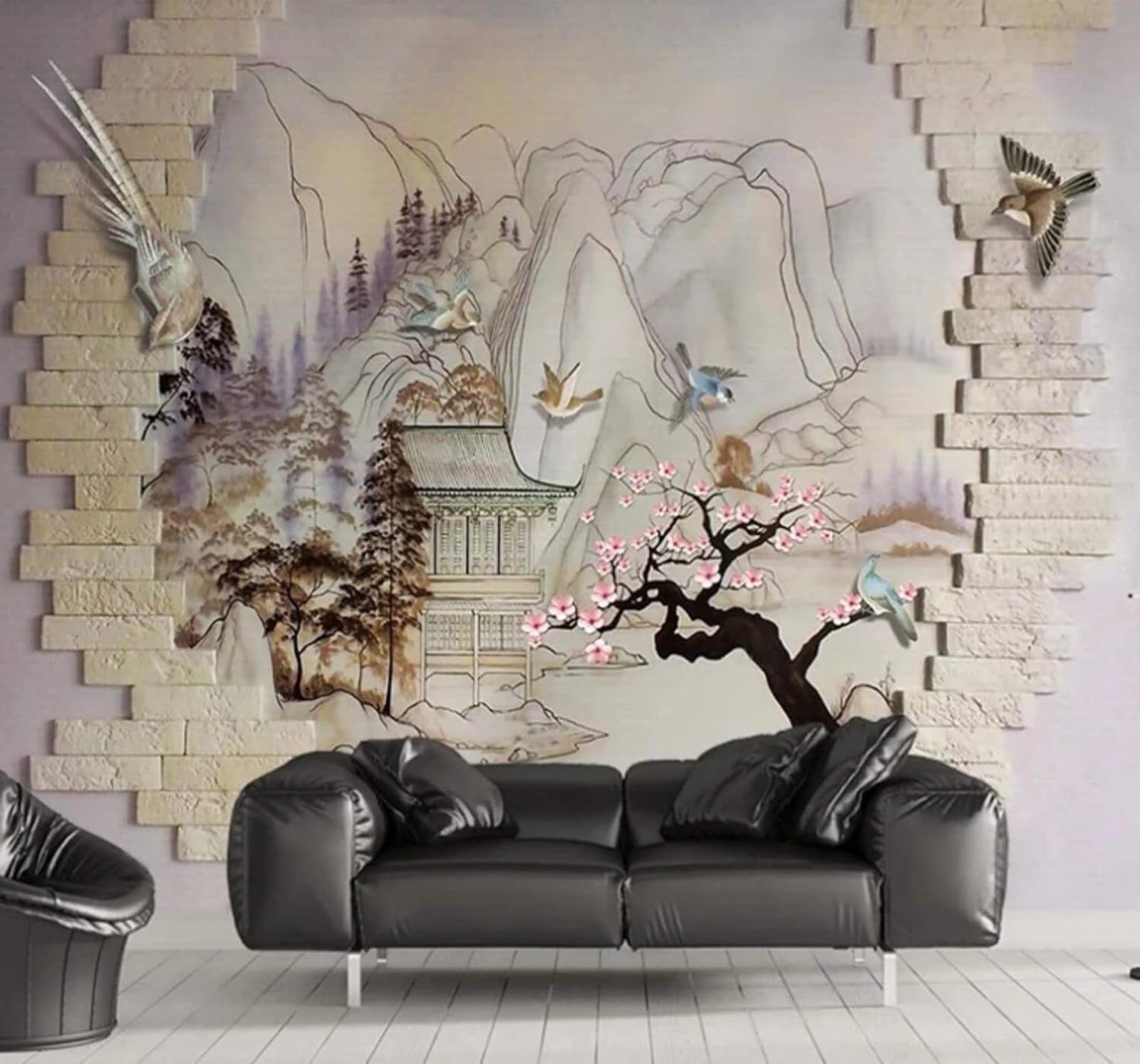 XLMING Creative Brick Wall Landscapes Flowers and Birds Scenery 3D Wallpaper Luxury Home Dining Decor Paste Sofa Living Room The Wall for Bedroom Mural-400cm×280cm