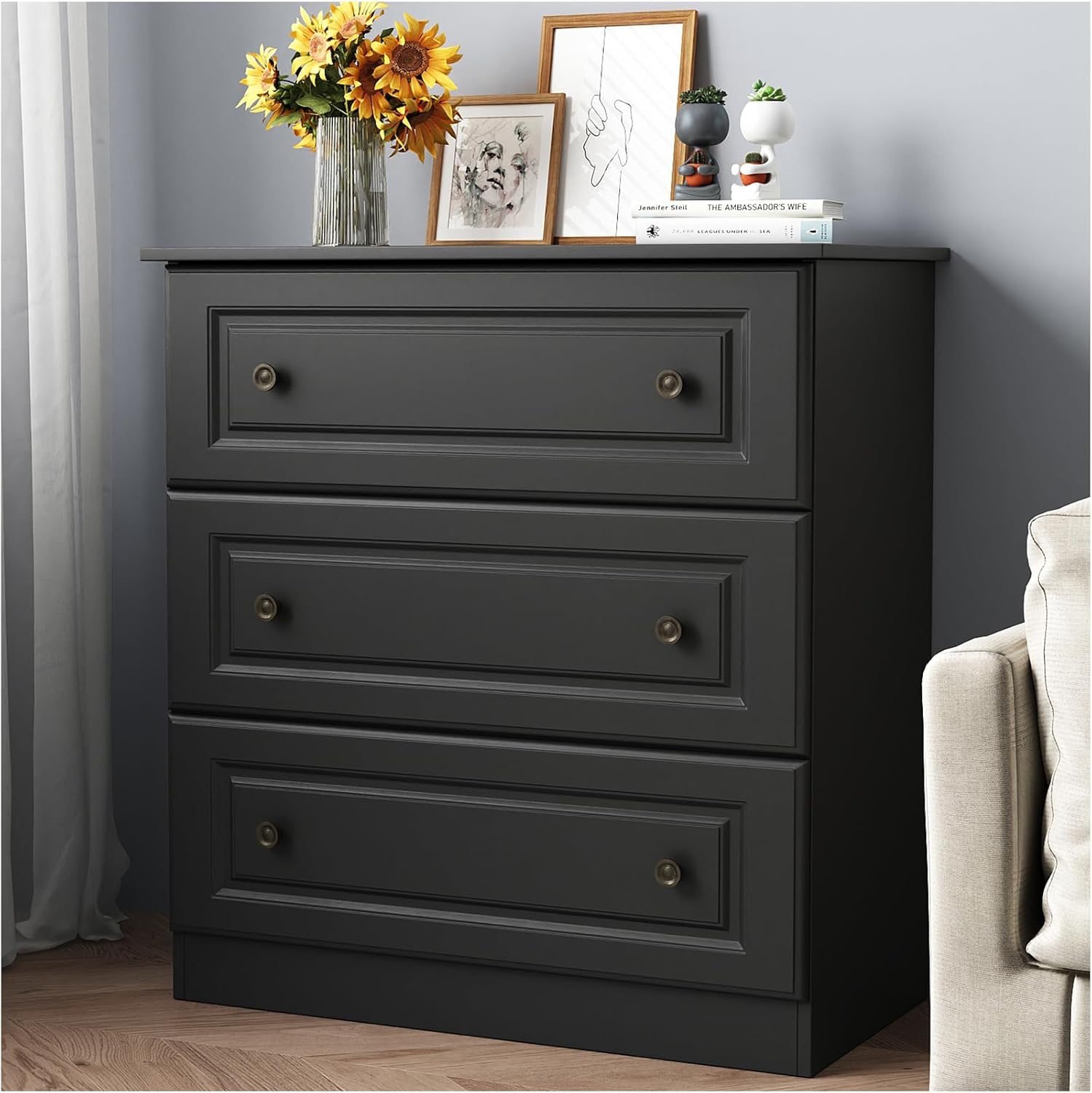 3 Drawer Dresser for Bedroom, Black Wood Dressers and Chests of Drawers, Wooden Table Top Storage Dresser for Living Room, Hallway, Enterway, Dressing Room