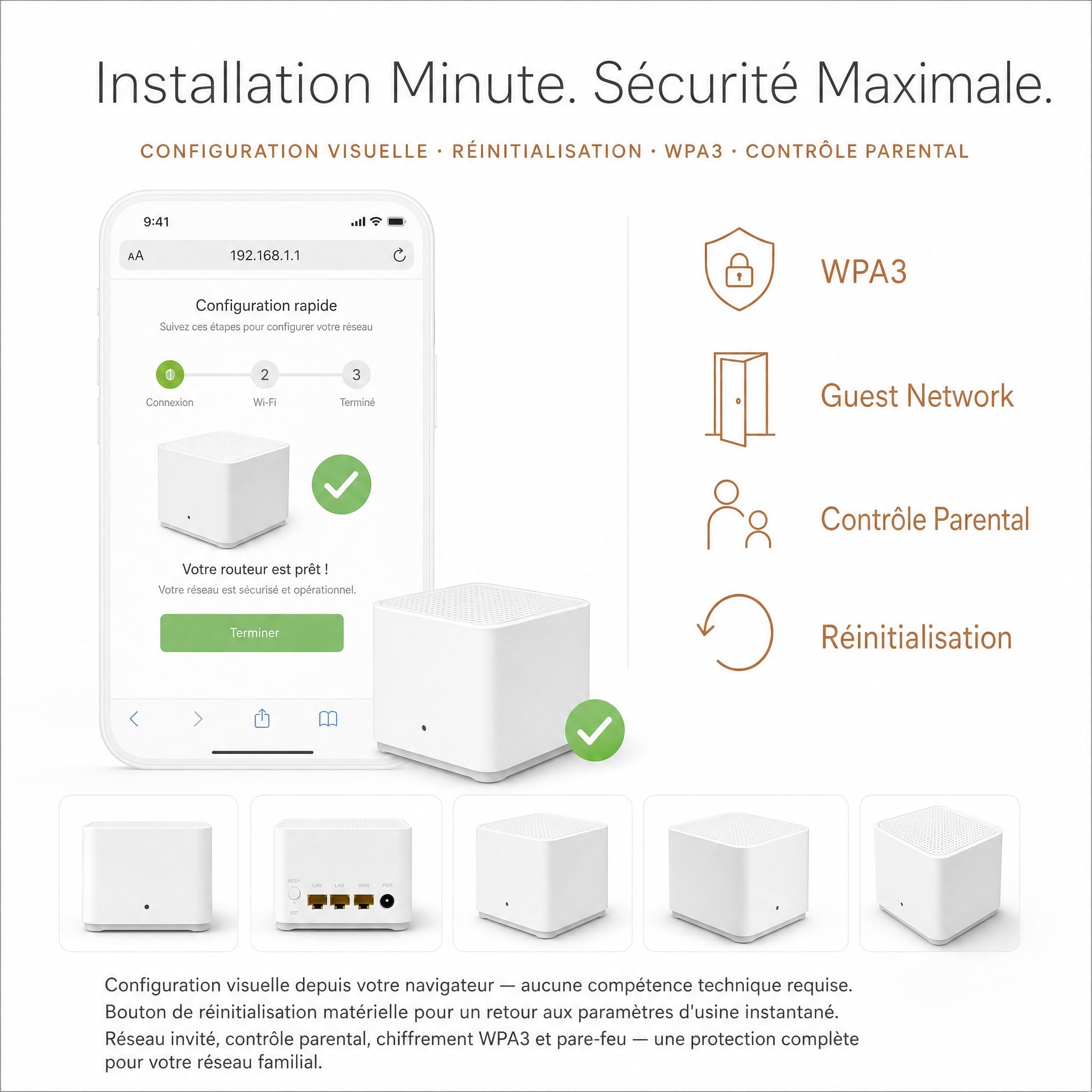Routeur WiFi Mesh Toute la Maison, Double Bande 2,4 + 5 GHz, Roaming Fluide, 3 Ports Gigabit (1 WAN + 2 LAN), Compatible Fibre, Design Cubique Compact sans Antenne, WPA3