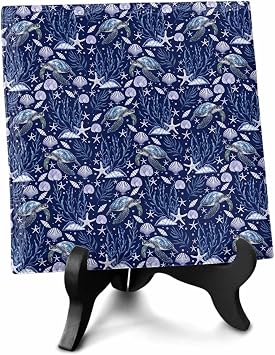 Coastal Turtle Desk Ceramic Ornament Decoration,Blue Ocean Starfish Retro Coral Shell Picture Photo Frame Art Diy Family Halloween Ornaments Artwork for Crafts Newlyweds Living Room Bedroom Office