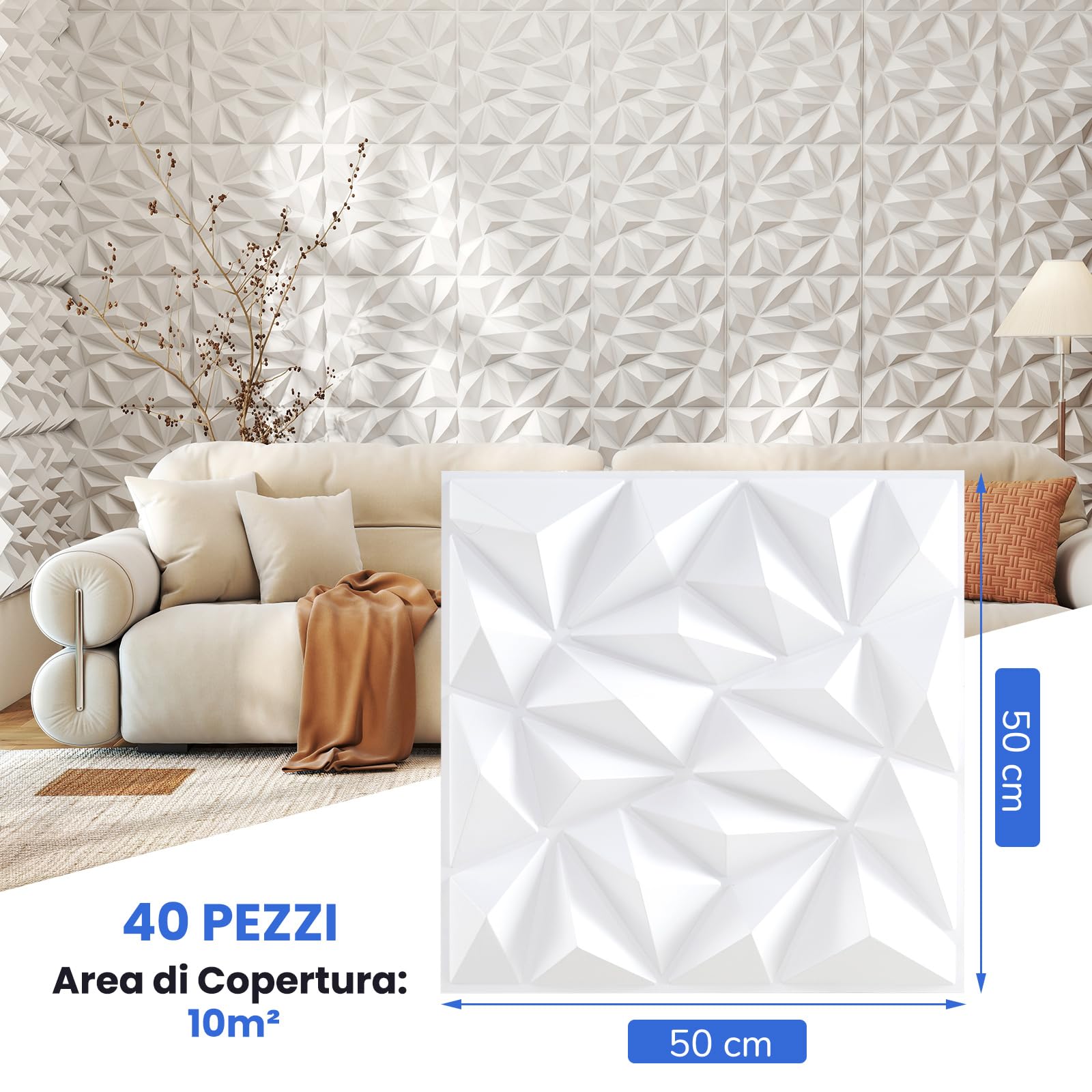 COSTWAY 40 Pezzi 3D Pannelli Murali 50 x 50 cm, Pannello da Parete 3D Diamante, Decorazione Interna da Parete in PVC, 10 m², per Soggiorno Camera da Letto (10㎡,Bianco)