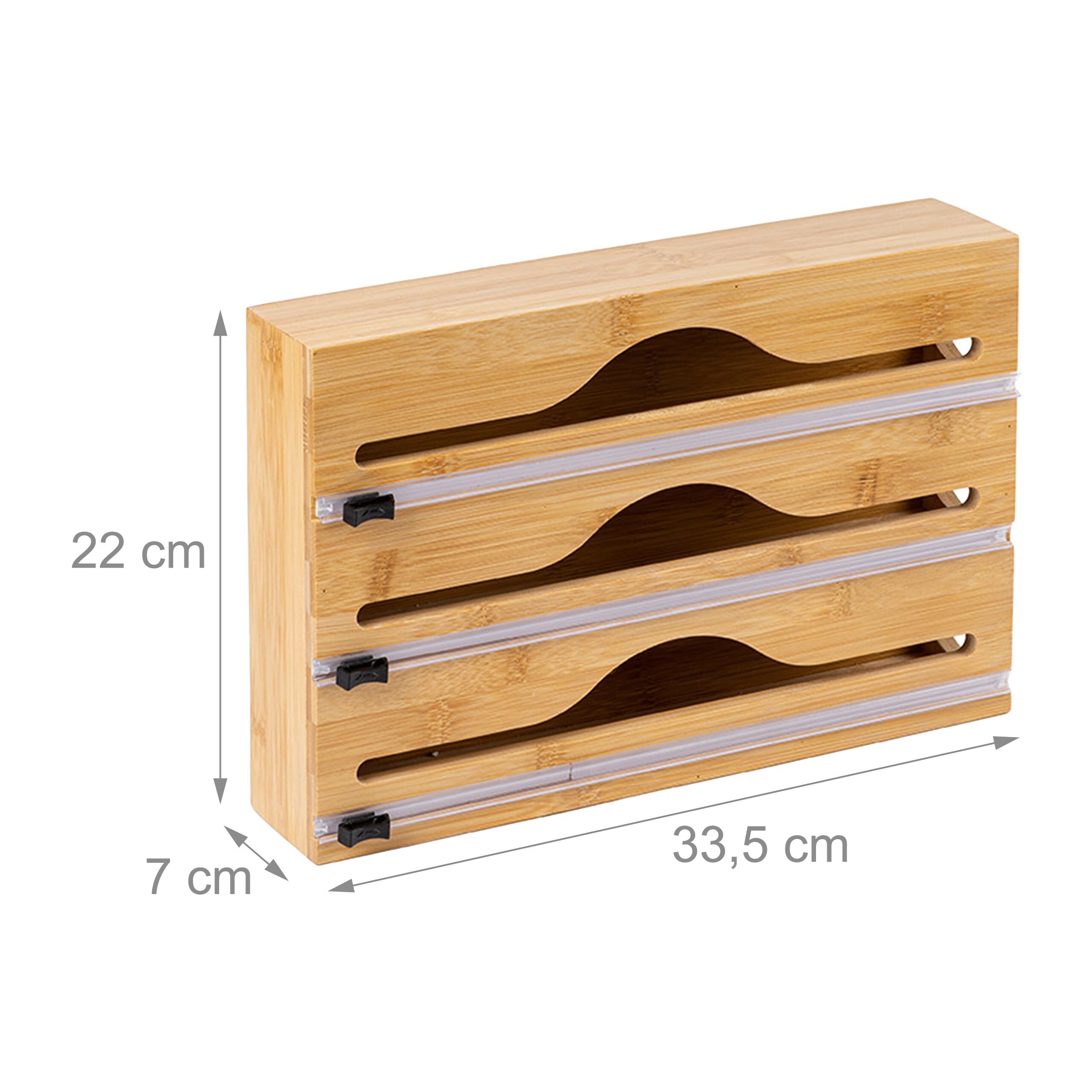 Relaxdays Dispenser per Pellicola, 3 Rotoli, cassetto, bambù, 22 x 33,5 x 7 cm, taglierina Cucina, Naturale