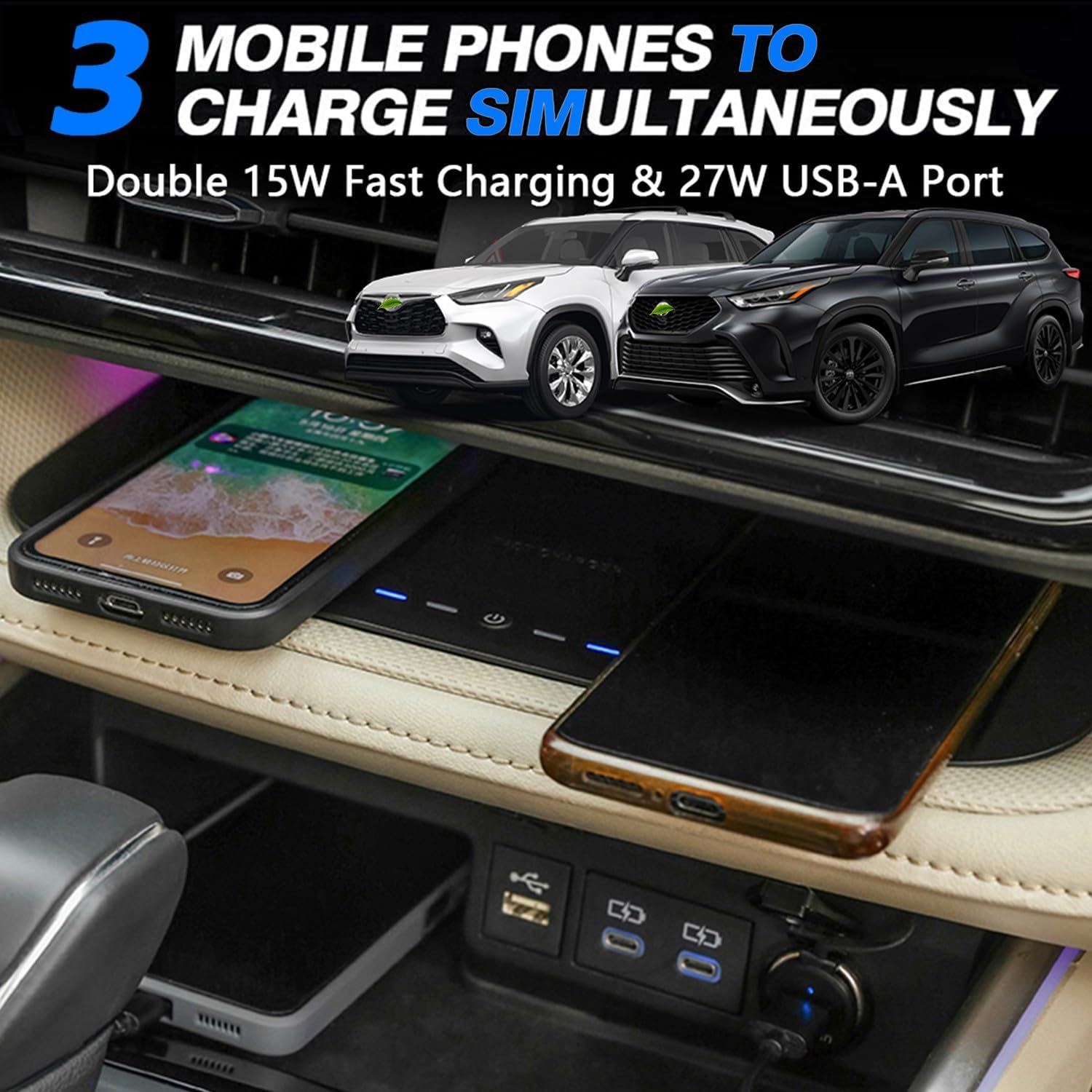 Dual Wireless Charger for Toyota Highlander 2020 2021 2022 2023, 15W Wireless Fast Phone Charging Pad Mat for Toyota Highlander L/LE/XLE/XSE/Limited/Platinum Interior Accessories Upgrades