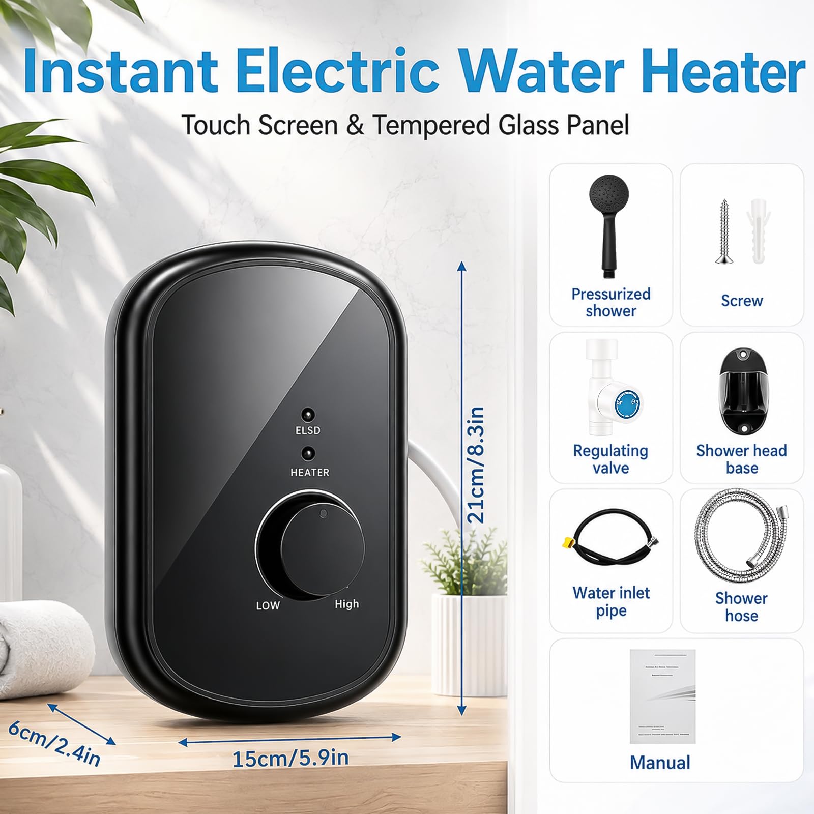 ‌Calentador de Agua Eléctrico Instantáneo 5500W 230V, Mini Ducha Eléctrica con Mandoo Giratorio 30-60°C, IPX4 Impermeable, Calentador Ducha Instantáneo para Baño, Cocina, Lavabo, Jardín‌