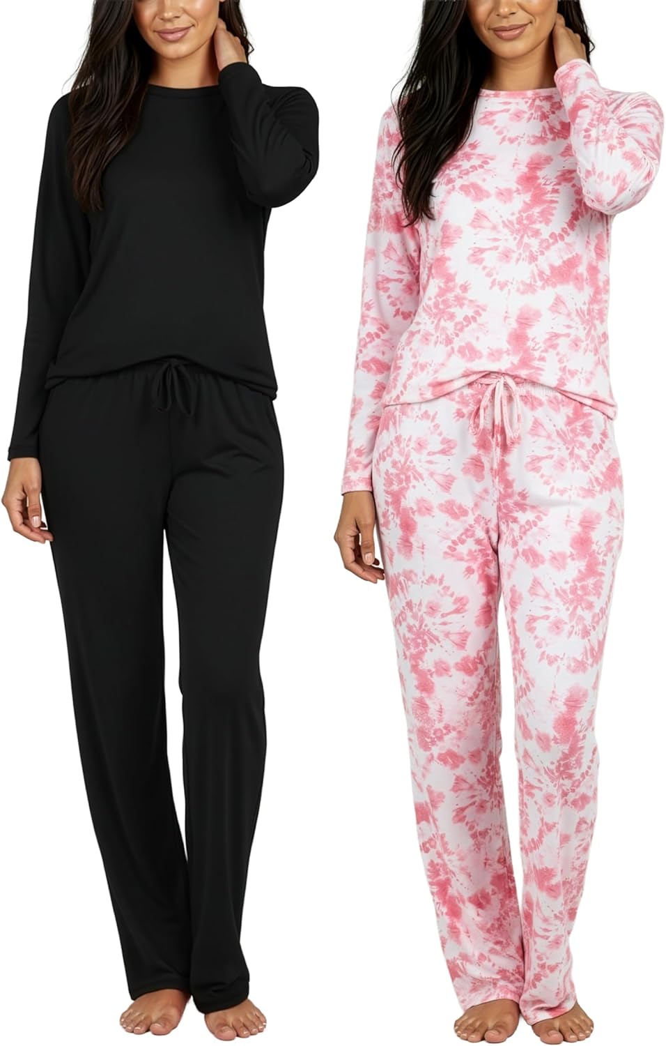 Real Essentials 2 Pack: Women's Comfy Pajama Sets - Short & Long Sleeve Ladies Loungewear Sleepwear PJs (Available In Plus)