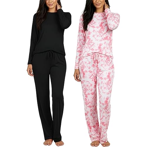 Real Essentials 2 Pack: Women's Comfy Pajama Sets - Short & Long Sleeve Ladies Loungewear Sleepwear PJs (Available In Plus)