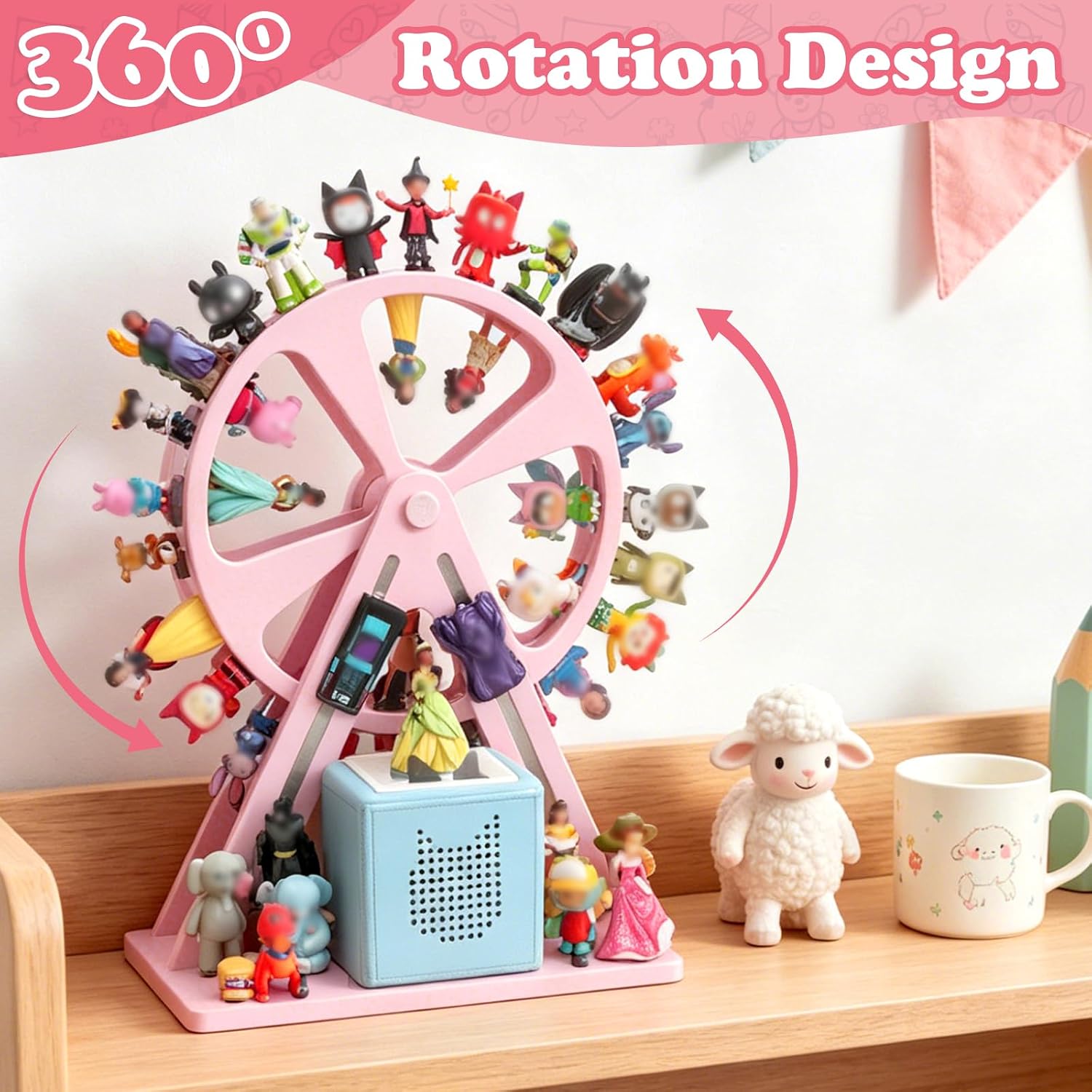 for Tonies Box Organizer Storage Shelf 360° Ferris Wheel, Magnetic Floating Shelves for Generation 1 & 2 Player Tonies Figures Characters, Display 50~70 Characters Pink