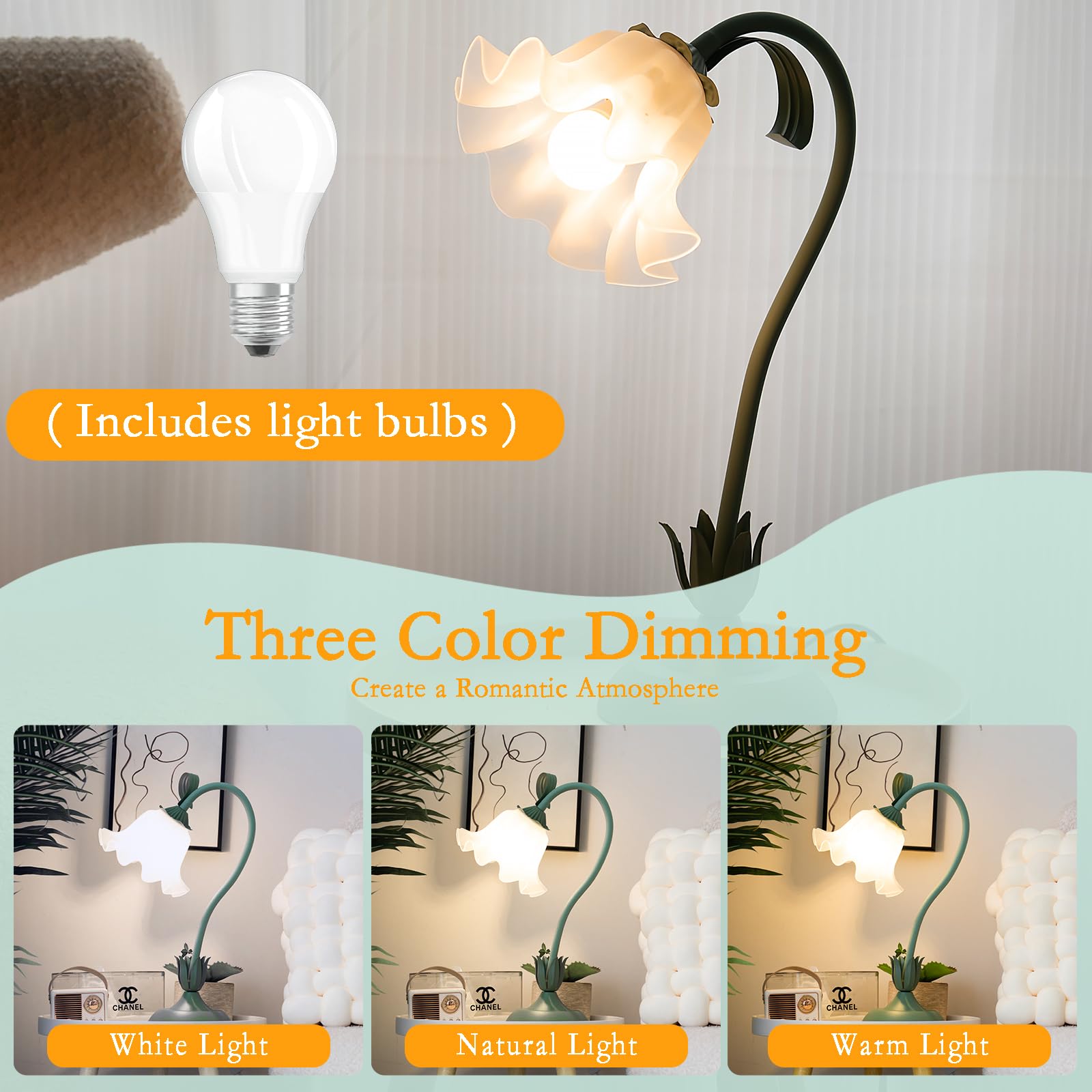 kaixunl Green Bedside Lamps,Modern Flower Table Lamp for Children Gift,DIY Night Desk Lamp for Bedrooms Living Room Study Room,Table Reading Lamp of 50Cm/19.6In - Image 4