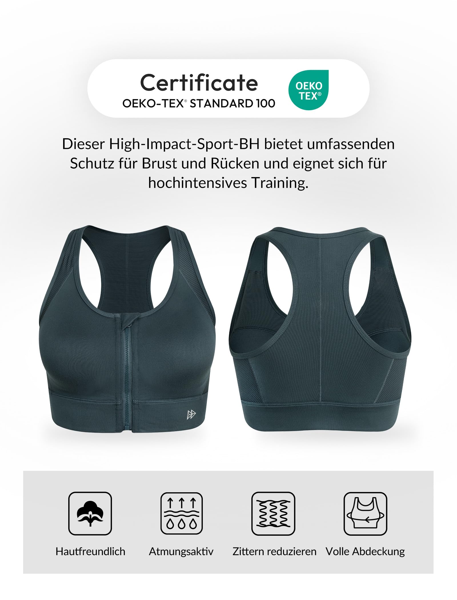 Yvette Reggiseno sportivo, scollo alto, tenuta extra forte, chiusura frontale antigraffio, reggiseno Fintness Gym Bra