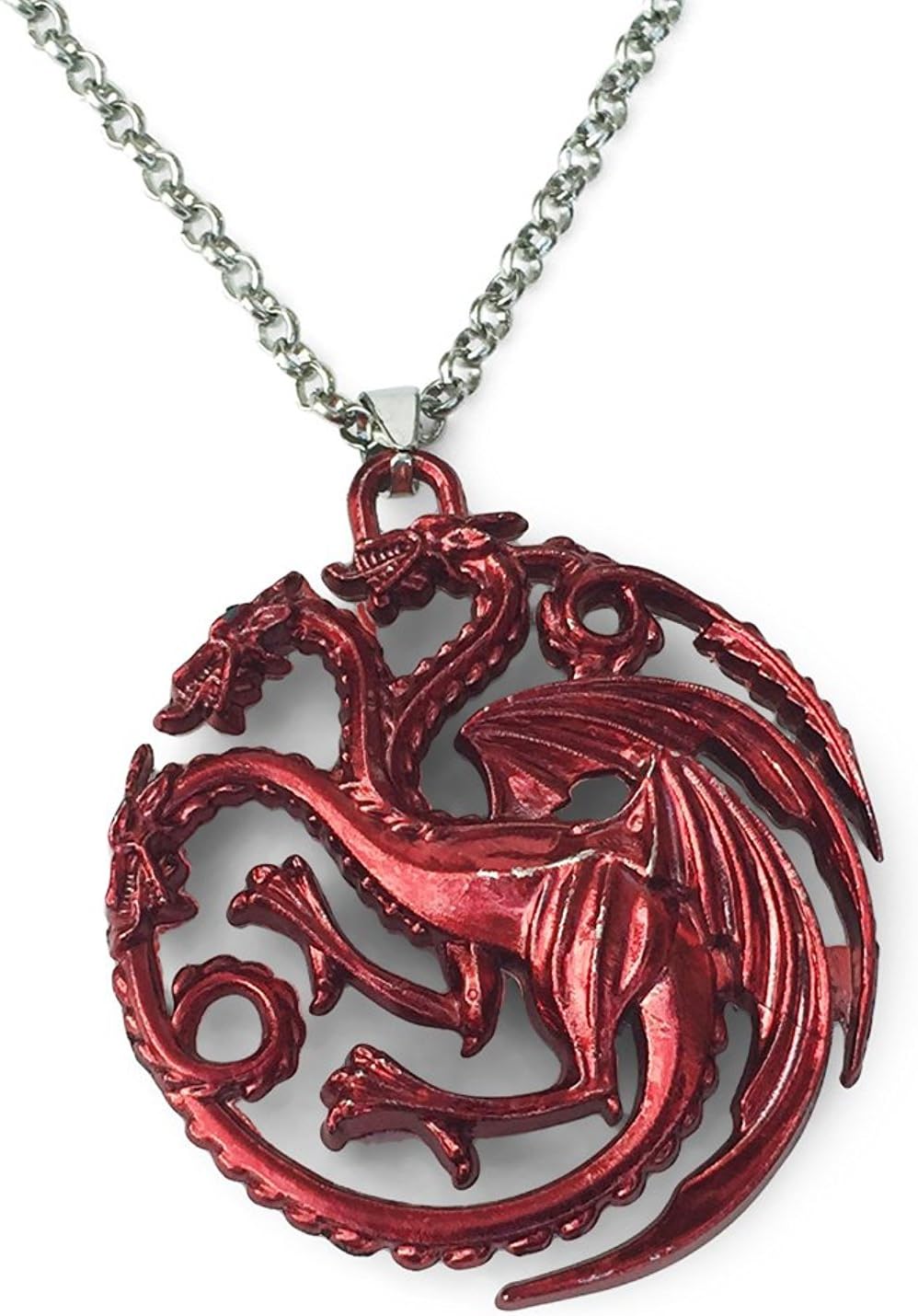 GOT Inspired Merchandise. Red Three Headed Dragon Pendant with Silver Tone Chain Necklace