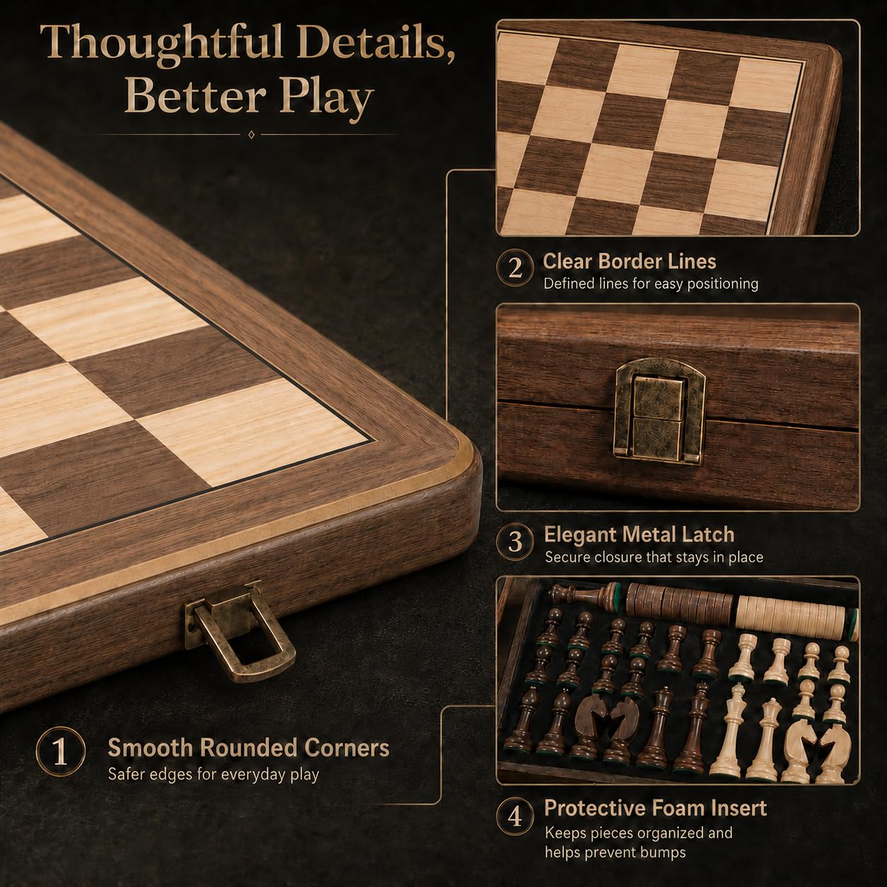 38 cm Holz Klapp-Schach- und Dame-Set, 2-in-1 Brettspiel, 7,6 cm König Staunton Figuren, 2 zusätzliche Damen (Vintage)