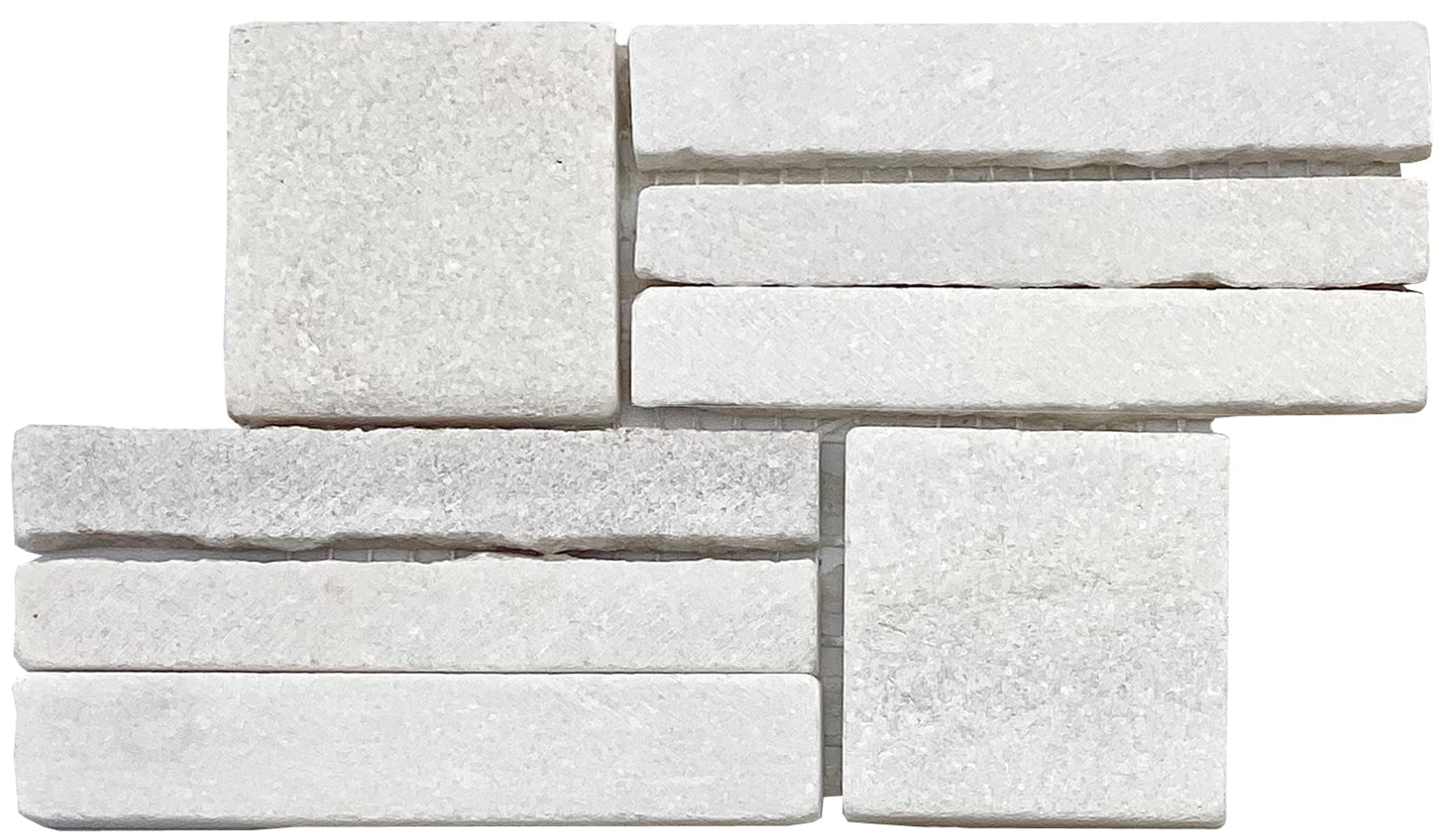 LS019-H Interlocked Natural Stone Tile Sheets with Basketweave Pattern, 2 Chip Sizes, White Quartzite, 1-Piece- Sample ONLY