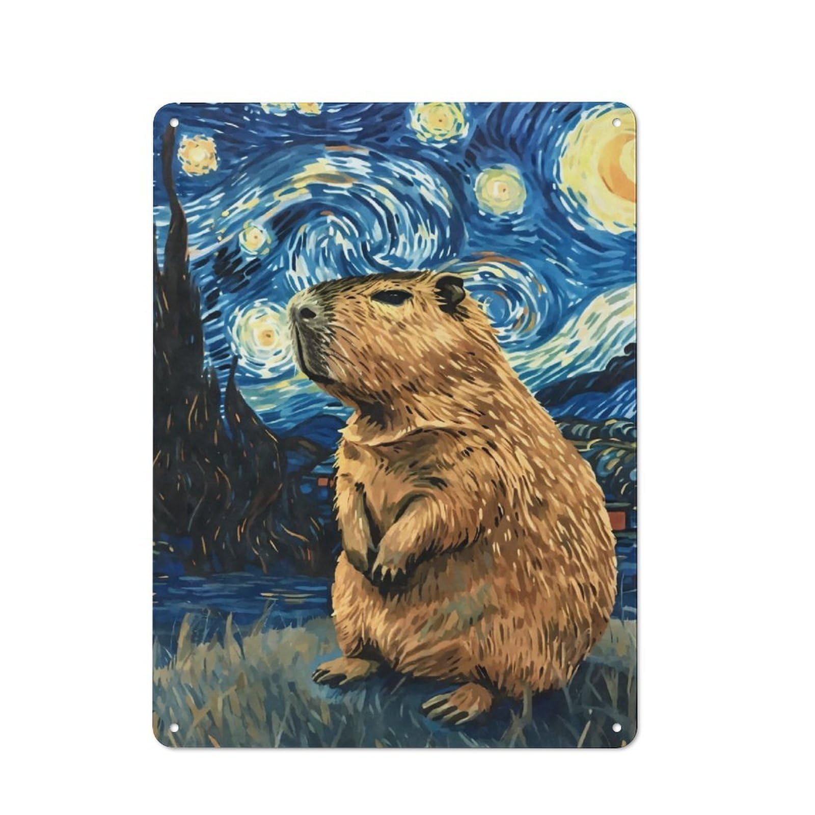 Junmoney Capybara Starry Night Rustic Tin Sign 40X30cm For Living Room Or Hallway, Suited To Living Room Decor Lovers
