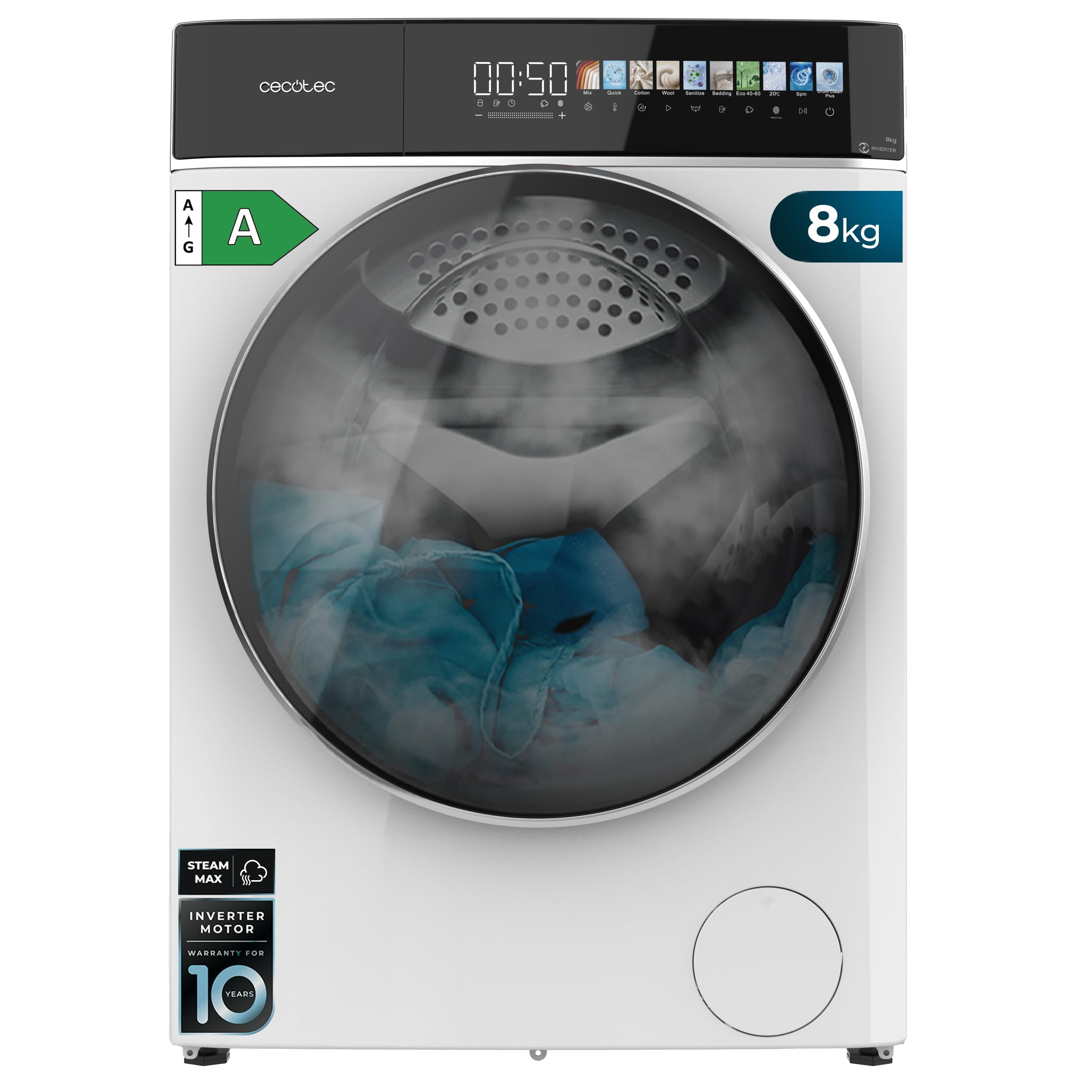 Cecotec Lavadora Secadora 8-5Kg Carga Frontal Bolero Wash&Dry 85900 Inverter A, 1400 rpm, 11 programas, Motor Inverter Plus, pantalla FullColor 10,3", Funciones SteamMax, Stop&Go, Delay End