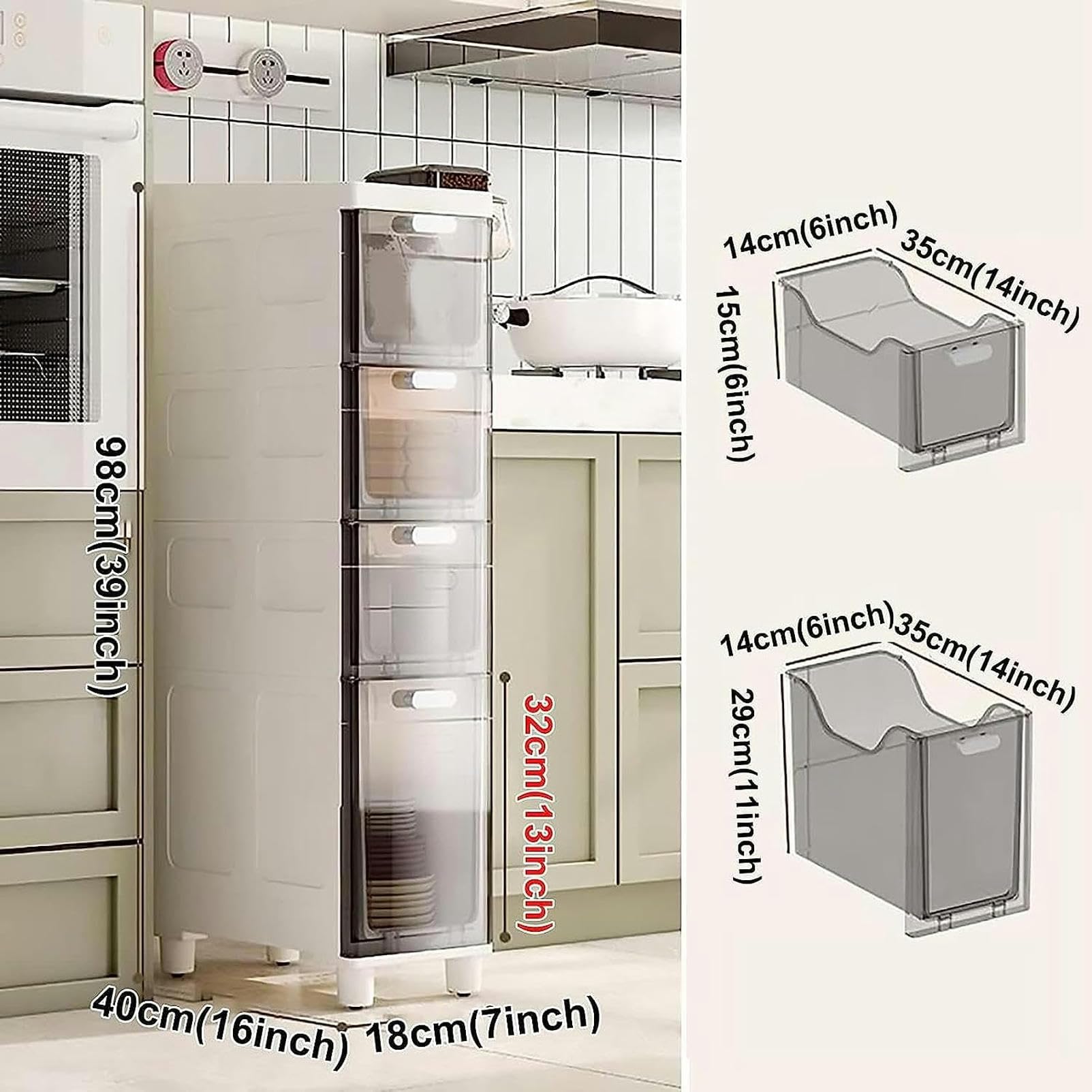Armario con cajones de almacenamiento apilables, independiente, para baño, Estrecho y Delgado, con cajones transparentes, armario de esquina para El hogar, cocina, dormit