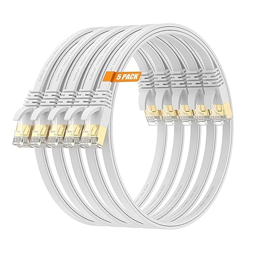 Miniatura 18 de Cable Ethernet Cat7 de 30 pies, blanco plano, 10 Gbps, ultra delgado, de alta velocidad, doble blindado con cable de tierra y cable de red RJ45