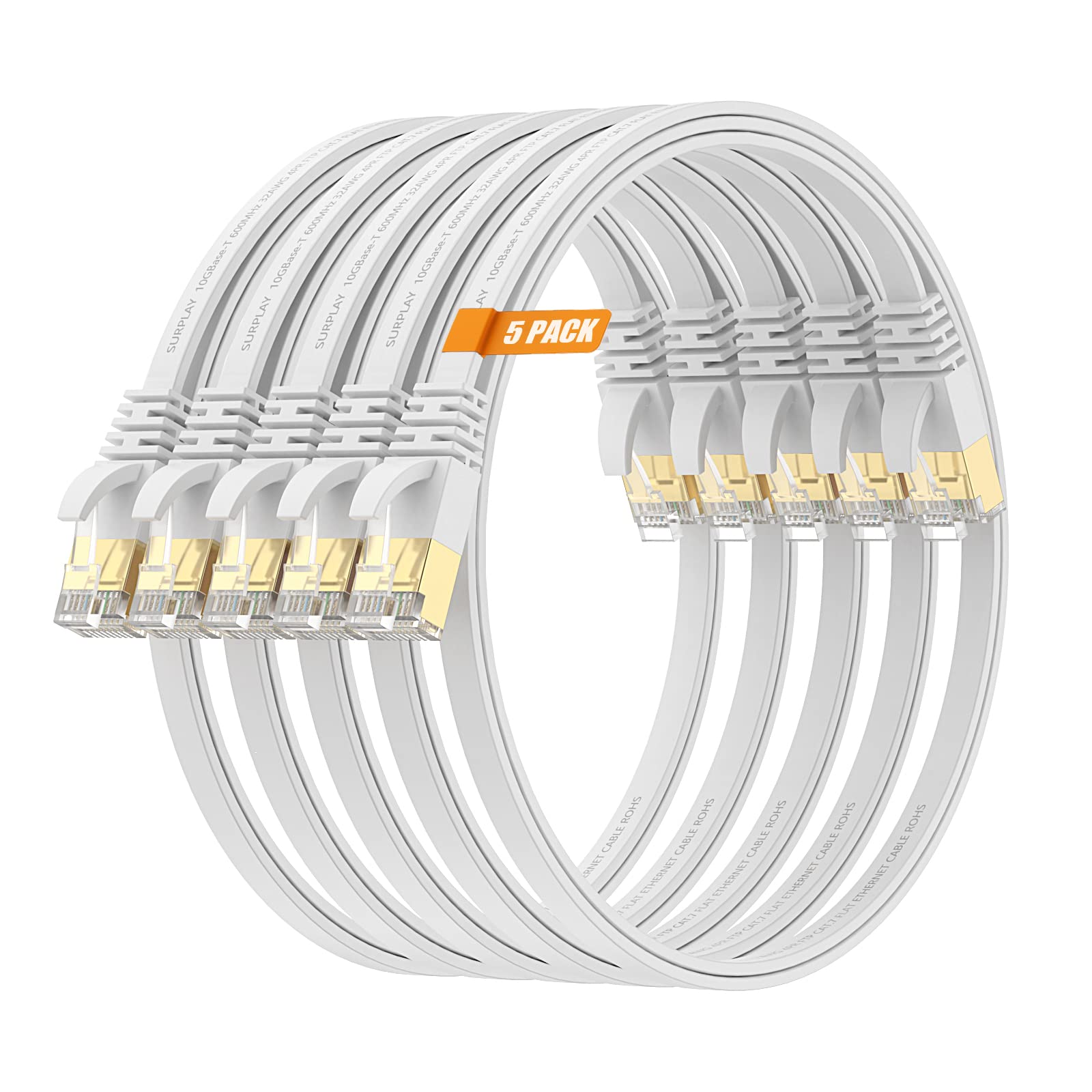 Lot de 5 câbles Ethernet Cat7 de 4,5 m, blanc, 10 Gbit/s, câble de raccordement plat blindé et de terre blindé ultra fin plaqué or avec attache de câble pour routeur, NAS, PC, CAT6A