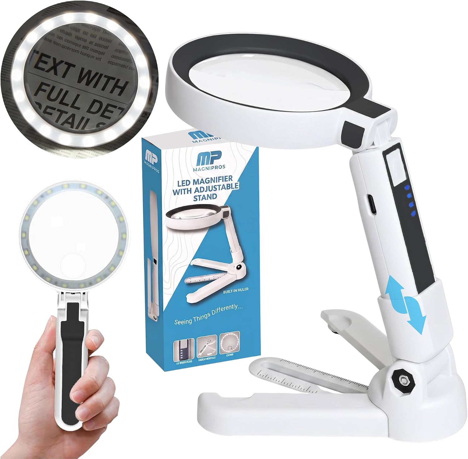 5X/10X Large 4.5" Magnifying Glass with Light & Detachable Stand