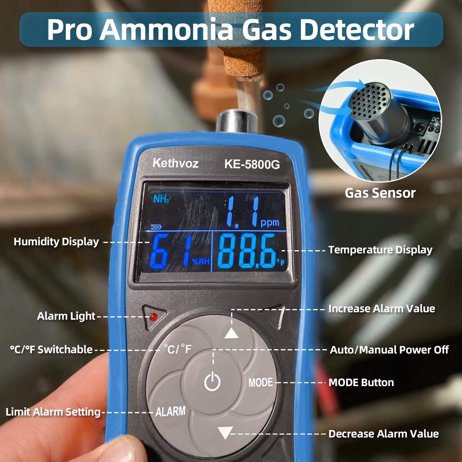 Digitaler Ammoniak Detektor Messgerät mit Alarm, Kethvoz 0~100 PPM NH3 Leckdetektor Messen Temperatur & Luftfeuchtigkeit, Professional Gasmelder für Industrie, Bauernhof, Haushalt 5800G