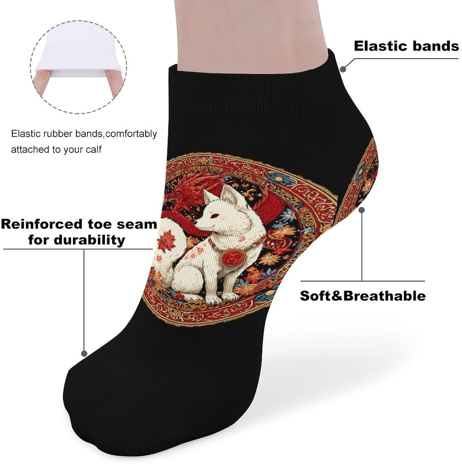 Japanese Foxes Dragon Foxes Socks for Men Women 5 Pairs Ankle Socks