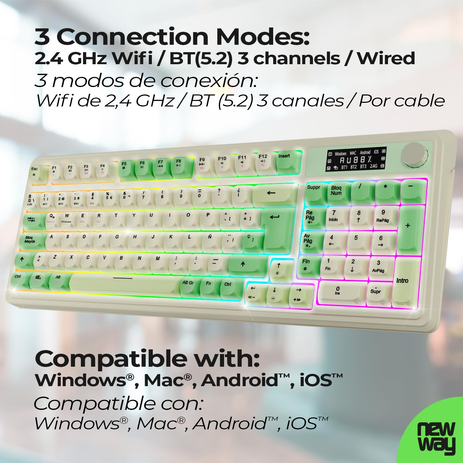 NEWWAY NK251 – Teclado inalámbrico Recargable Pantalla LCD Rueda Multifunción - QWERTY español – Triple Modo (WiFi 2.4 GHz, BT, USB-C) – RGB – Receptor USB Integrado en la Parte Trasera