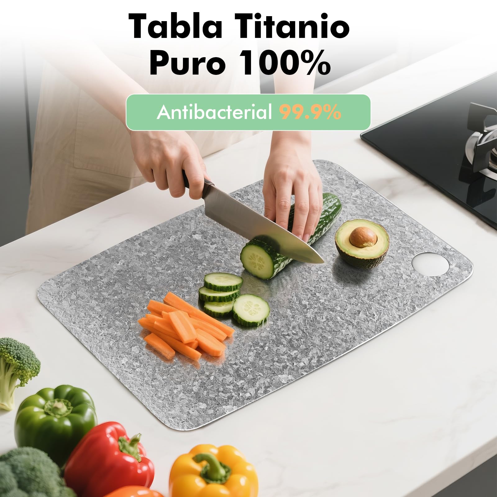 Tabla de cortar de titanio puro 100%, 40 x 28 cm | Tabla doble cara para carne y verduras, sin BPA, lavavajillas, ligera, compacta y fácil de limpiar