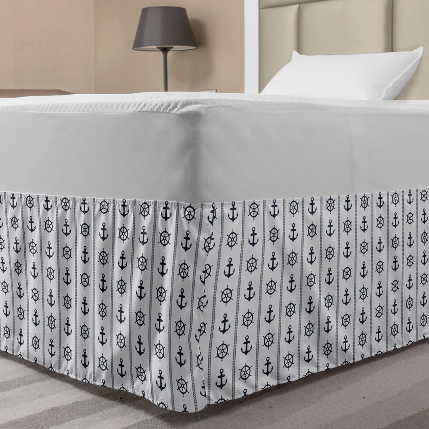Lunarable Nautical Elastic Bed Skirt Monochrome Maritime Illustration Anchor Helm Silhouettes Line Wrap Around Fabric Bedskirt Dust Ruffle