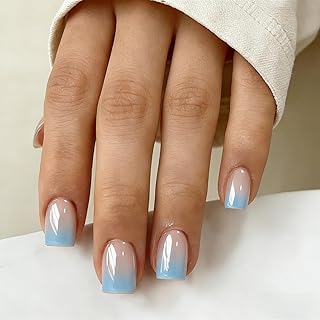 KQueenest Chrome Ombré Blau Press on Nails Kurz Eckig, Glänzend Glitzer Nägel zum Aufkleben Kurz, Glasiert Niedlich Fake Nails mit Sparkle Spiegel Design, French Nails Künstliche Nägel 30 Stück