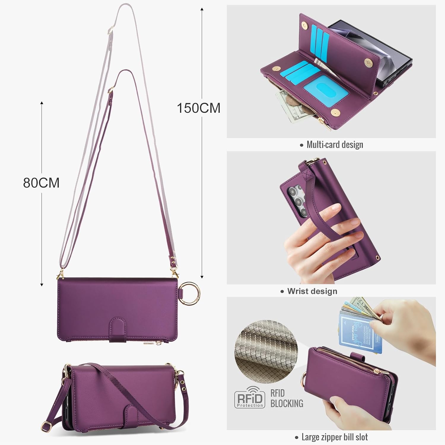Asuwish Phone Case for Samsung Galaxy S24 Ultra 5G Zipper Wallet with Tempered Glass Screen Protector Strap Card Holder RFID Blocking Stand Cell Cover S24Ultra 24S S 24 24Ultra Women Girls Deep Purple