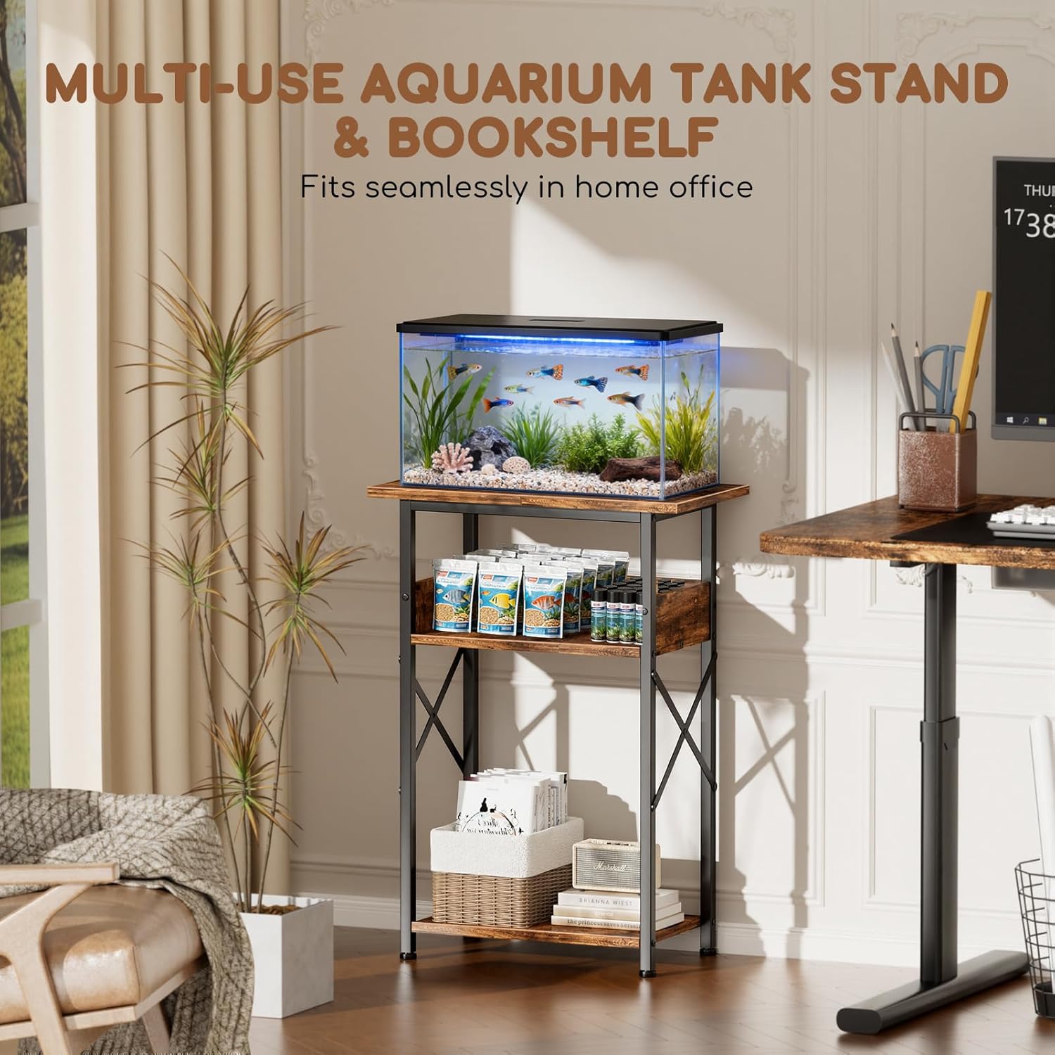 10 Gallon Fish Tank Stand with Storage Shelves, 3-Tier Aquarium Stand with Rust-Proof Metal Frame, Heavy Duty Waterproof Reptile Turtle Tank Stand for Home Office Up to 150LBS, 21.5" L x 11.5" W x 30" H, Rustic Brown