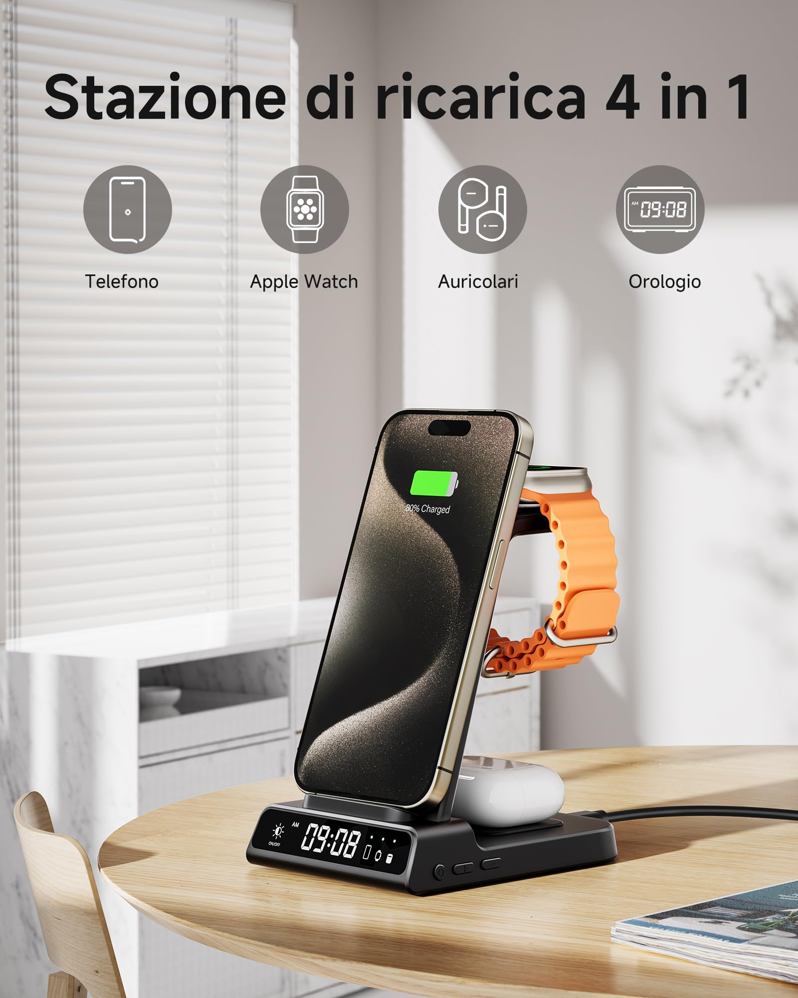 Stazione di ricarica per Apple, caricatore wireless 3 in 1 con orologio per iPhone 16/15/14/13/12/11/SE/XR/XS/X, supporto di ricarica per Apple Watch Ultra/9/8/7/6, AirPods Pro/4/3 (Senza Adattatore)