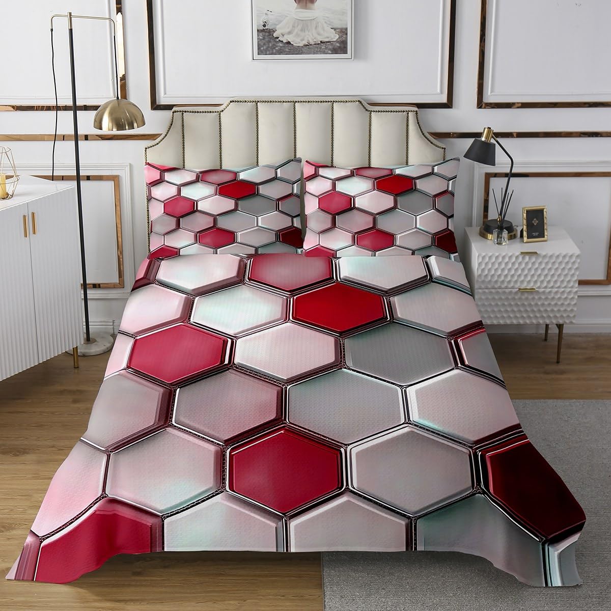 Erosebridal 3D Honeycomb Queen Quilt Set for Kids Boys Girls Bedroom, Geometry Hexagon Theme Bedspread Set Modern Fashion Geometric Coverlet Set with 2 Pillowcases, Chic Red Grey Bed Set