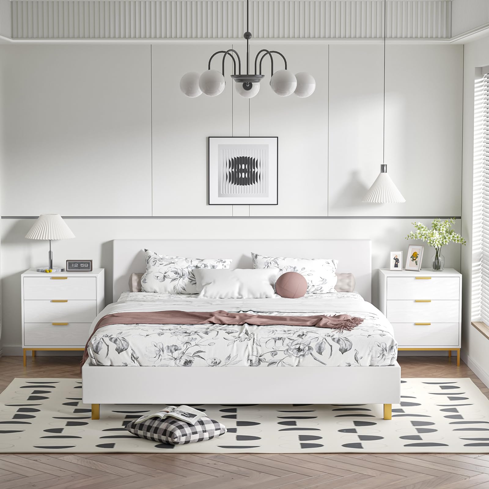 Table de Chevet en Bois avec 3 tiroirs décorés à la Main en rotin (Blanc)