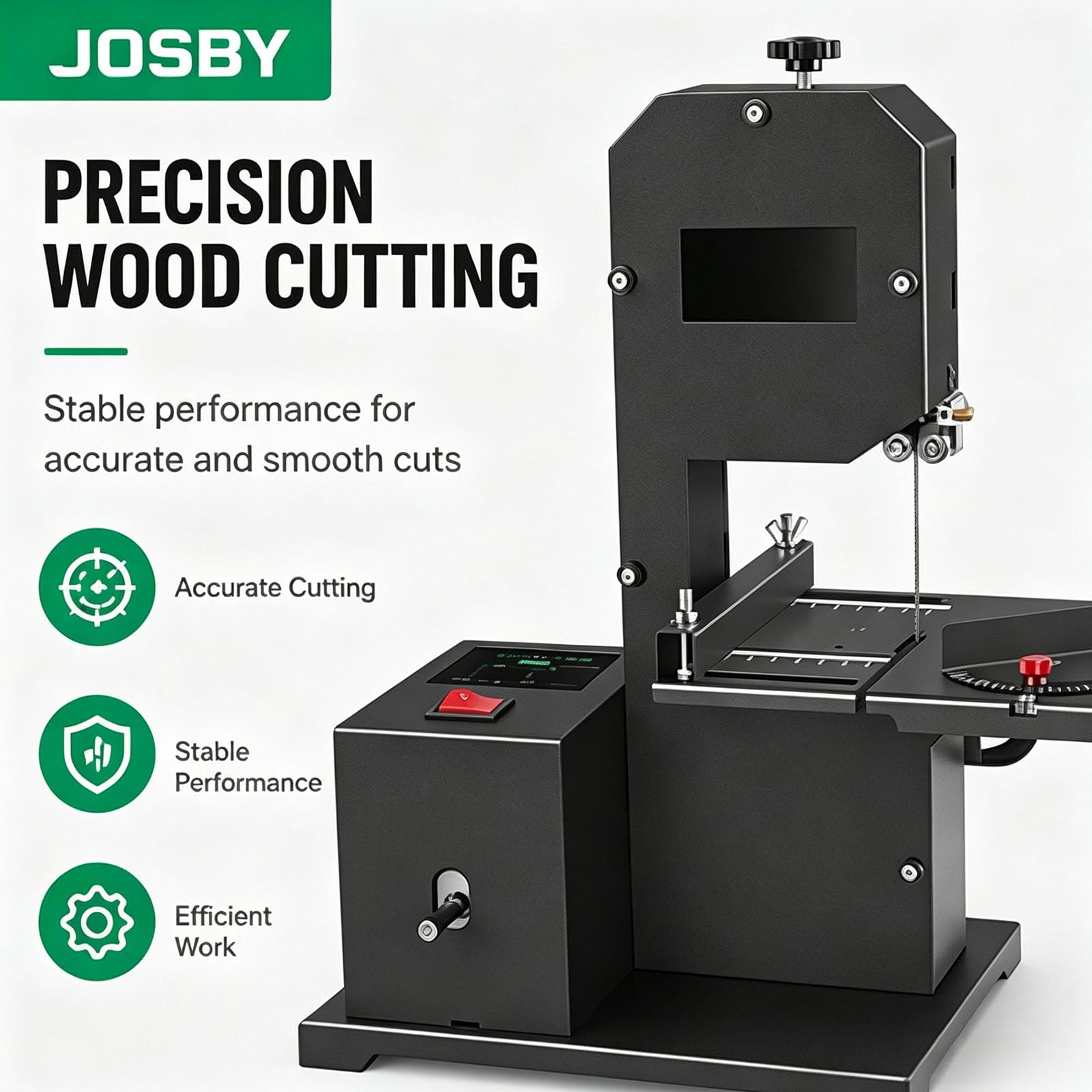 JOSBY Sierra De Cinta De Sobremesa De 800 W, Sierra De Cinta Portátil para Madera De 1750 RPM, Corte Angular De 0 A 45°, Profundidad De Corte De 70 Mm Y Profundidad De Garganta De 90 Mm