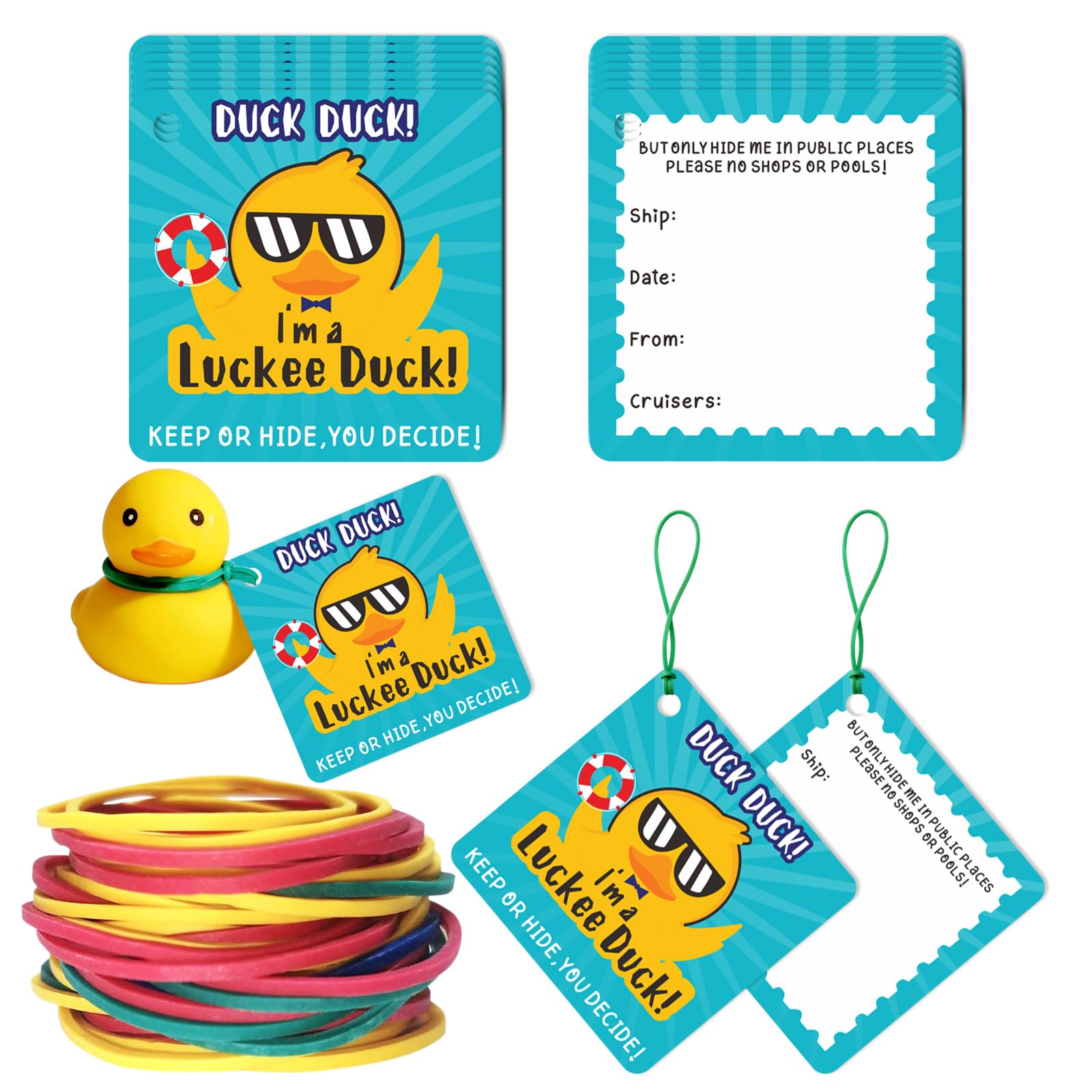 Dinggaogao 50 Pcs Duck Tags for Cruising and Rubber Duck Game Cards - 2.56 x 2.56 Inches with 50 Rubber Bands for Cruise Ship