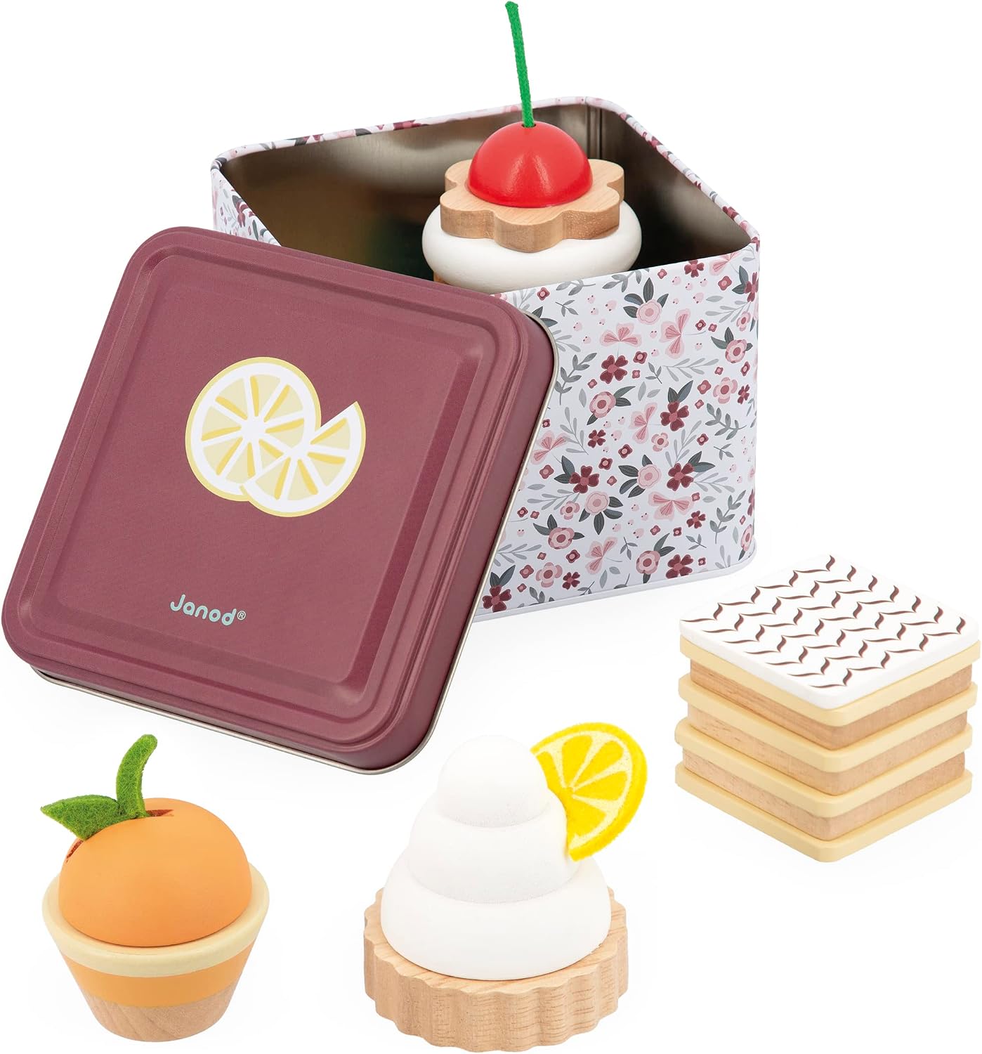 Janod - Twist Metal Set - 1 Metal Tin + 4 Wood and Felt Pastries - Pretend Play Toy - 3 Years +, J06627, Multicolor, Small
