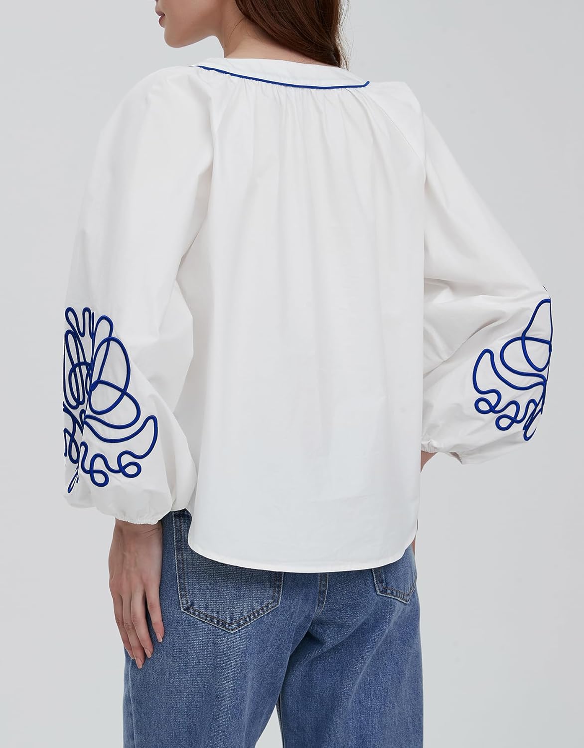 Kedera Women's Casual Floral Embroidered V Neck Blouses Boho Long Balloon Sleeve Mexican Shirts Loose Summer Fall Tops 2025 - Image 2