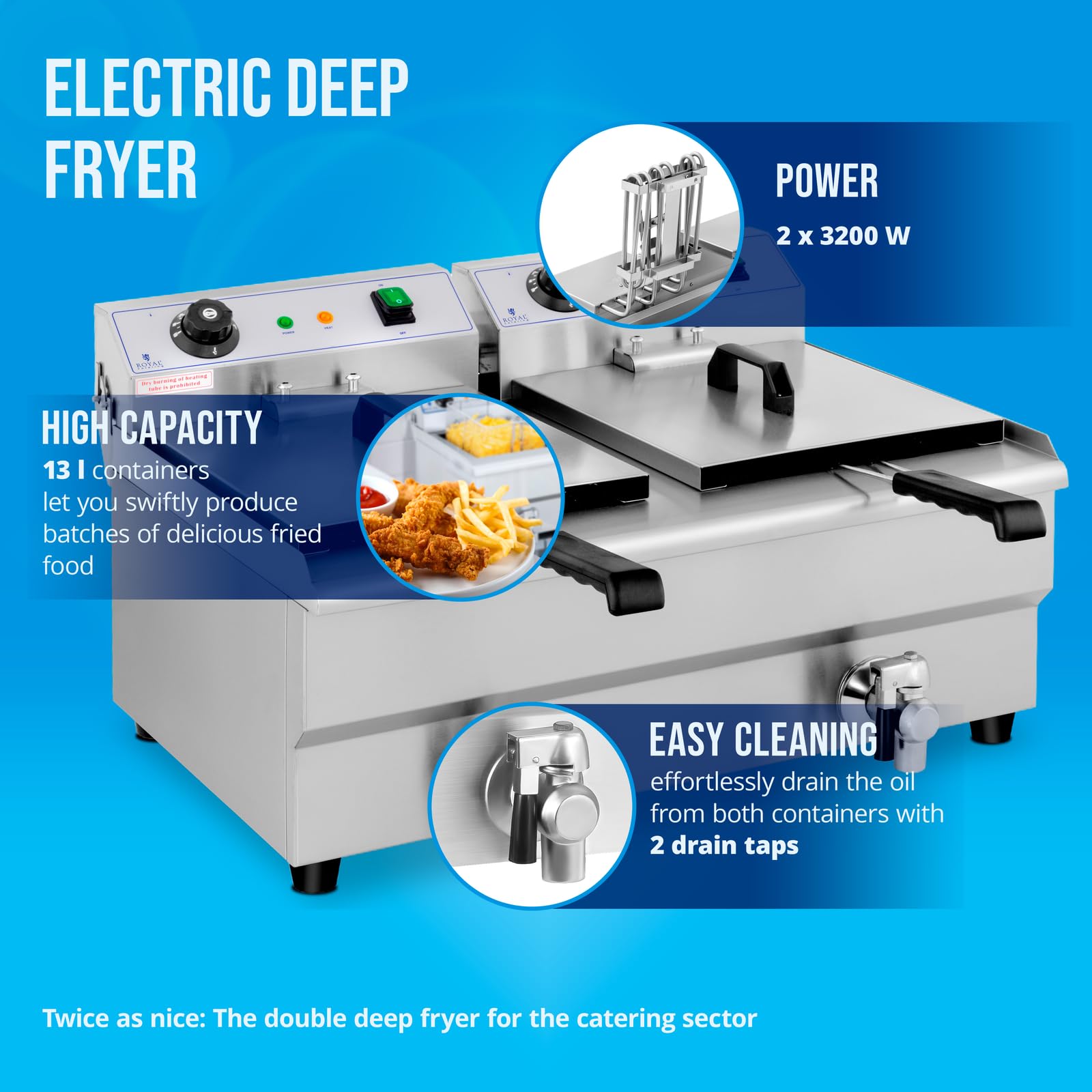 Royal Catering Friggitrice Elettrica con Rubinetti di Scarico RCEF 13DB (2 x 13 L, 230 V, 2 x 3200 W, Acciaio Inox, Plastica)