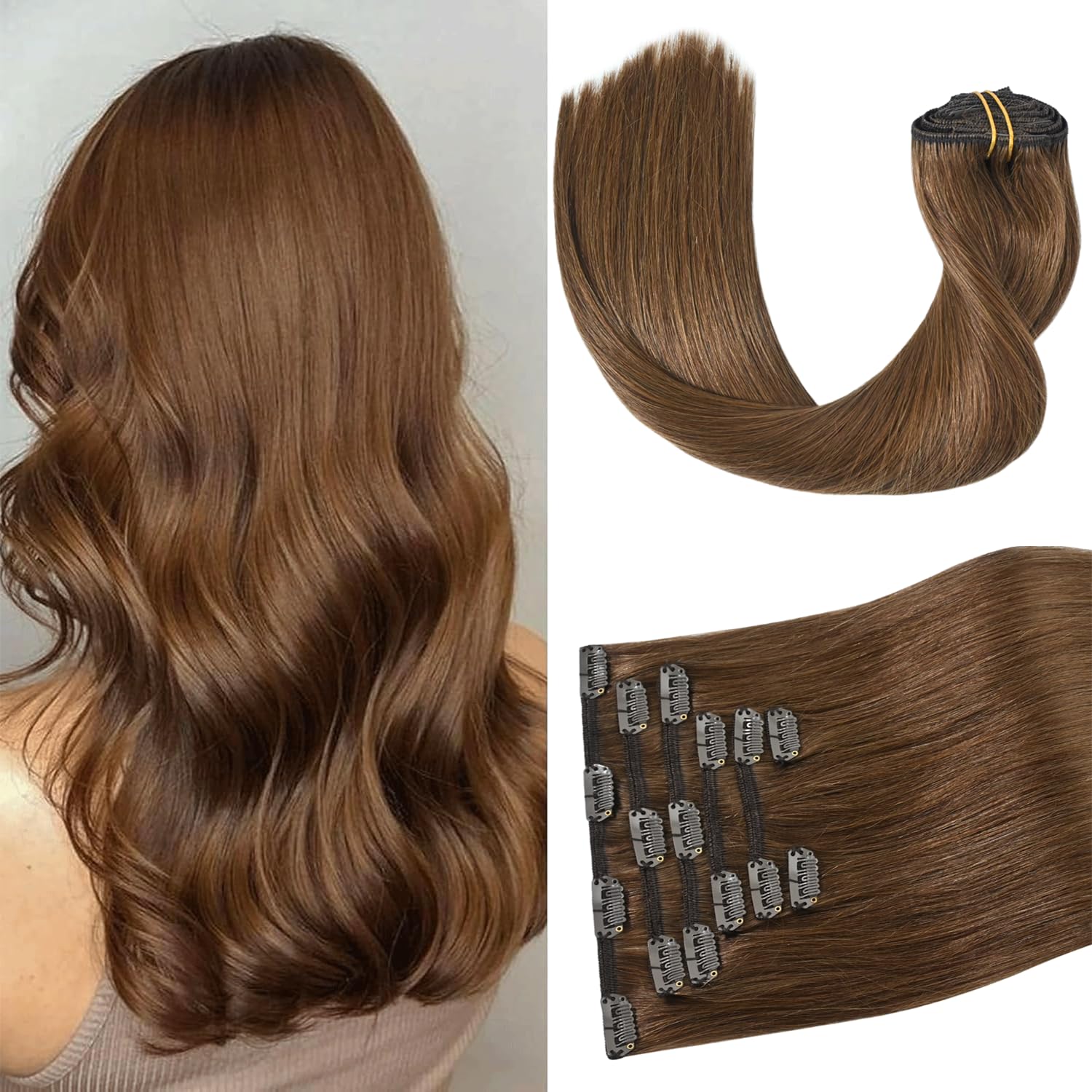 Aison Light Brown Clip in Hair Extensions Real Human Hair 75G 100% Remy Human Hair Clip in Extensions for Women 7pcs 16clips 20 Inch