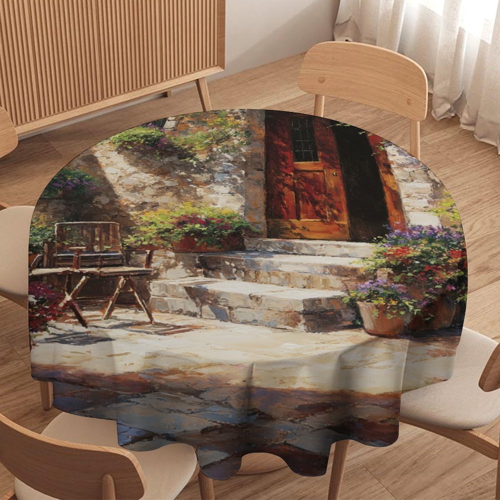 LUYYSKY Beautiful Abstract Stone House Round Tablecloth Fantasy Colorful Italian Spring Garden Plant Flowers Print Washable Decor for Table Cover for Kitchen-127 Wx127 L cm