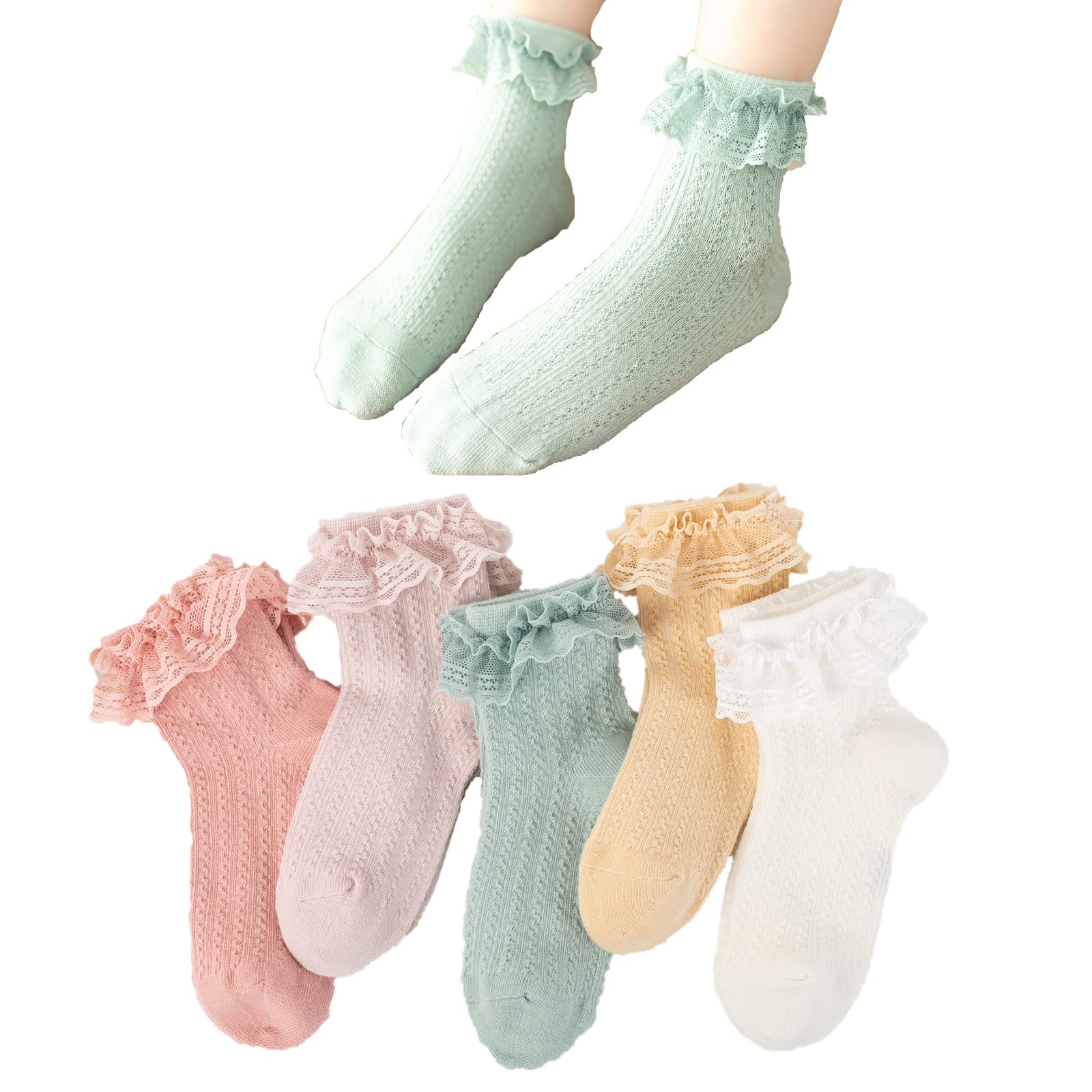 Taous Assam Newborn Baby Girls Socks Toddler Lace Ruffle Frilly Ankle Dress Sock for Infants 5 Pairs Mesh Size 12-24 Months