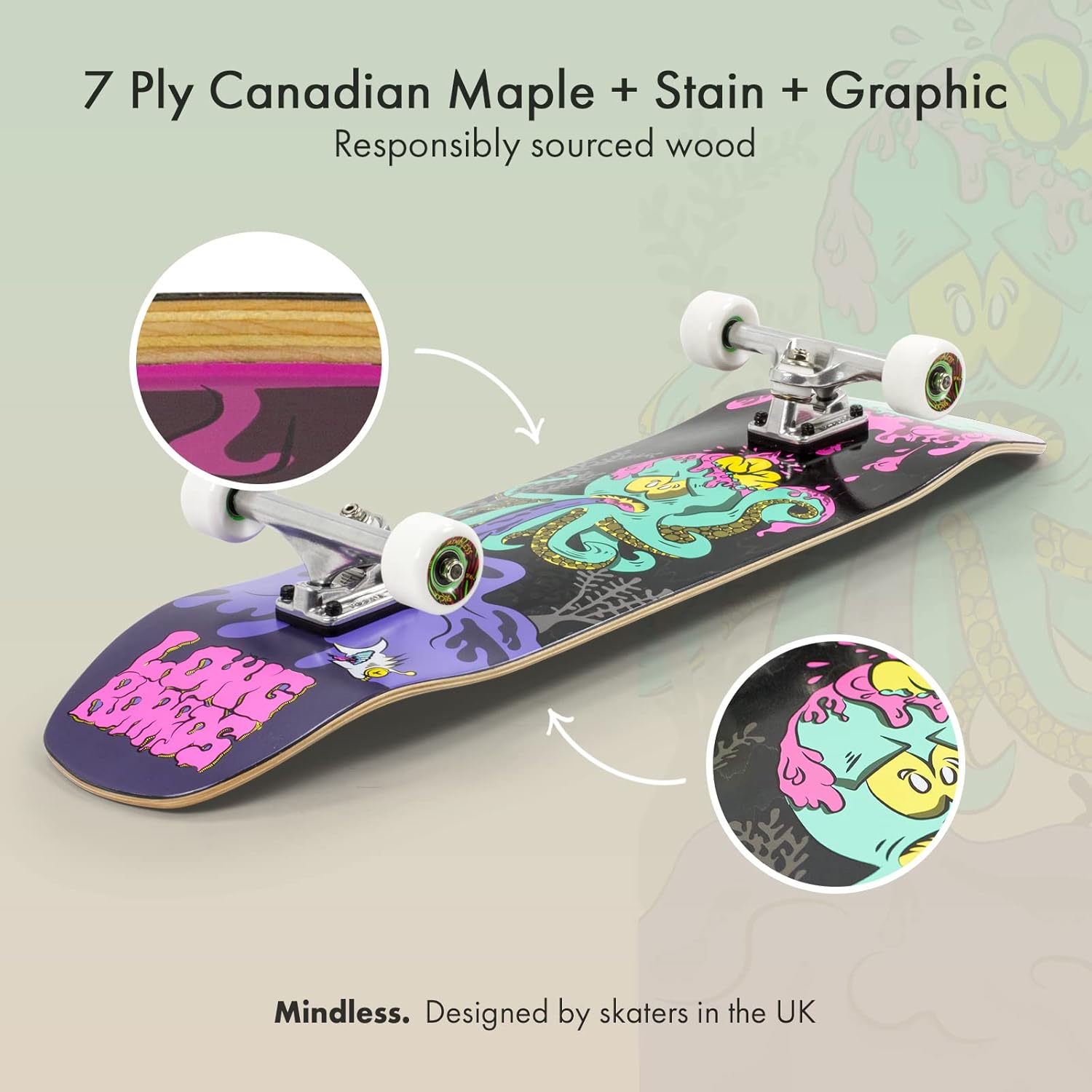 Mindless Octopuke | 32.5” Symmetrical Street Board 7 Ply Canadian Maple W Gen-X 159mm SKP Trucks for Streets and Tricks | 55mm 86A SHR Wheels Fast Responsive | Complete Skateboard City and park Ripper