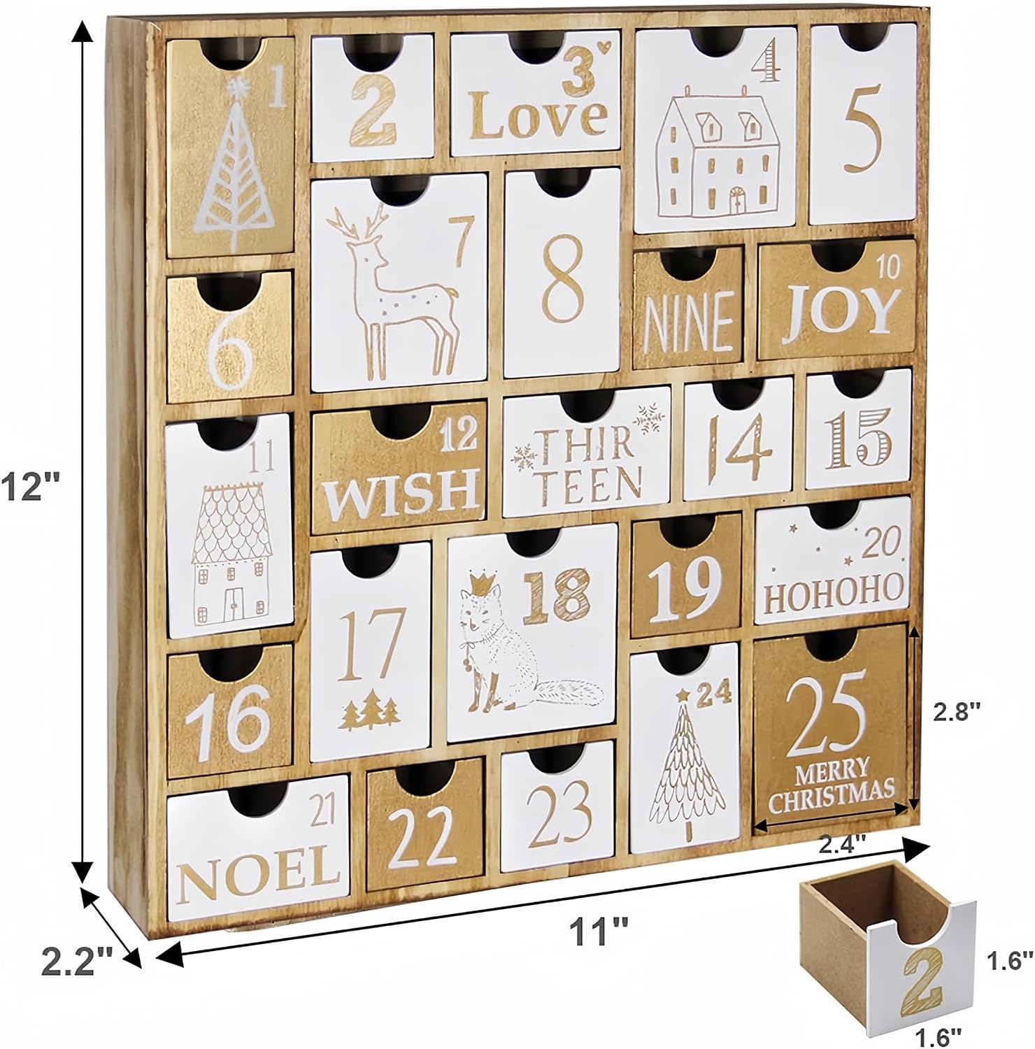 Juegoal Advent Calendar with 25 Drawers Countdown to Christmas, Refillable Wooden Advent Xmas Gift for Kids, 12 Inches Tall