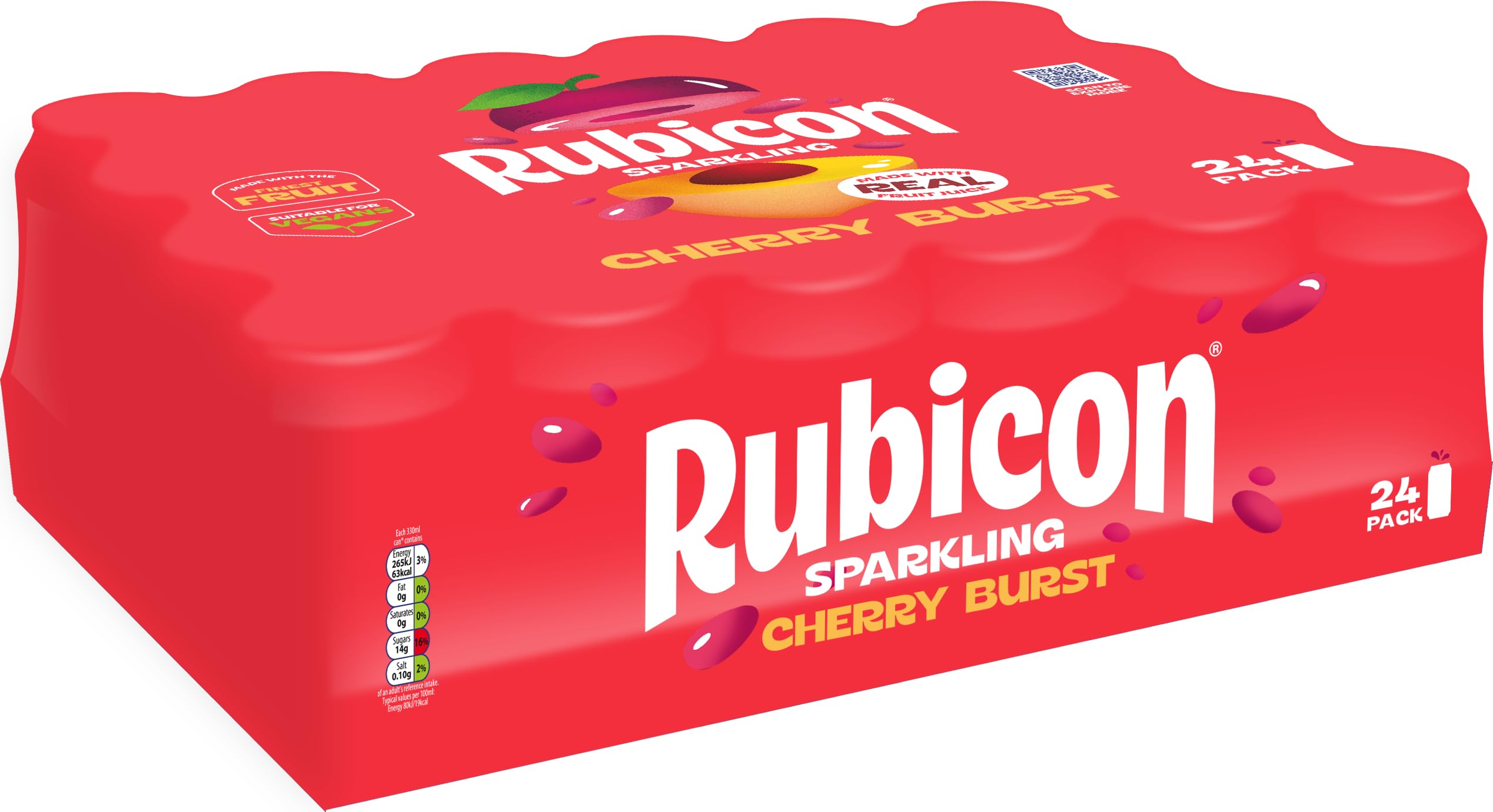 Rubicon Sparkling Cherry Burst Flavoured Fizzy Drink with Real Fruit Juice Multipack 24 x 330ml Bottles